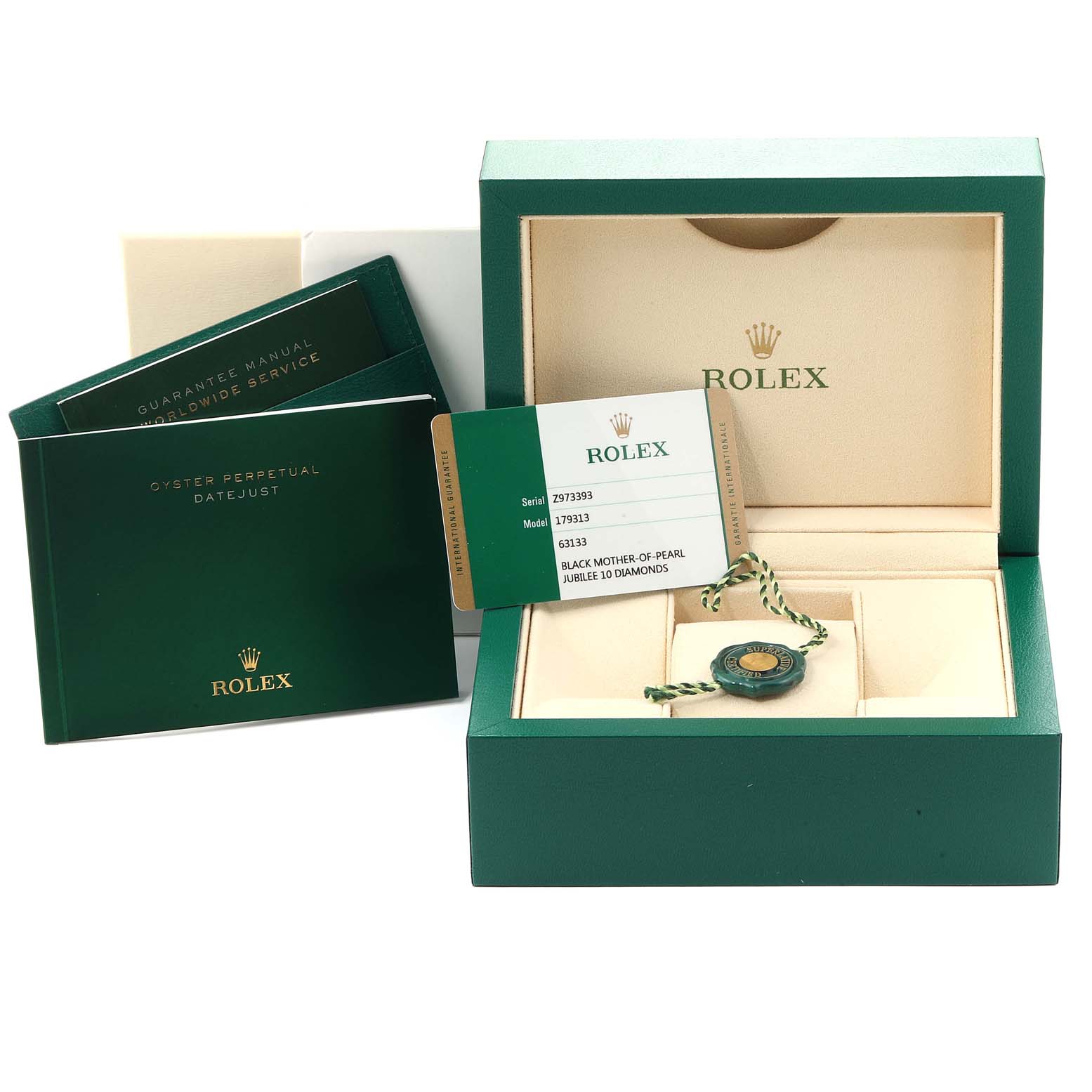 The image shows a Rolex Datejust 179313 Women's Steel and Gold (two tone) Mother of Pearl Dial 179313 Women's Steel and Gold (two tone) Mother of Pearl Dial box, warranty cards, and manuals from a front angle.