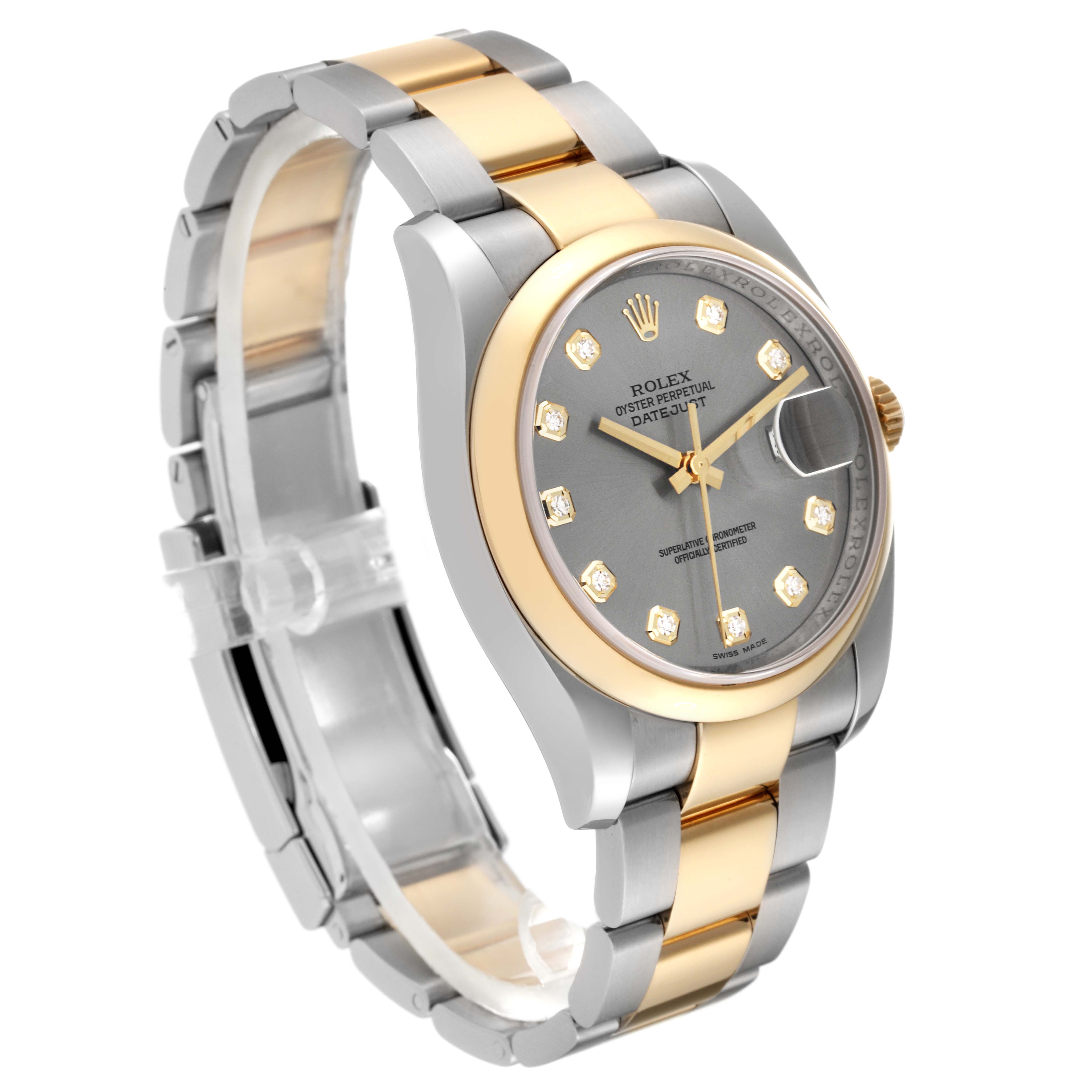 This image shows a side-angle view of a Rolex Datejust 116203 Men's Steel and Gold (two tone) Grey Dial 116203 Men's Steel and Gold (two tone) Grey Dial watch, highlighting its face, bezel, and bracelet.