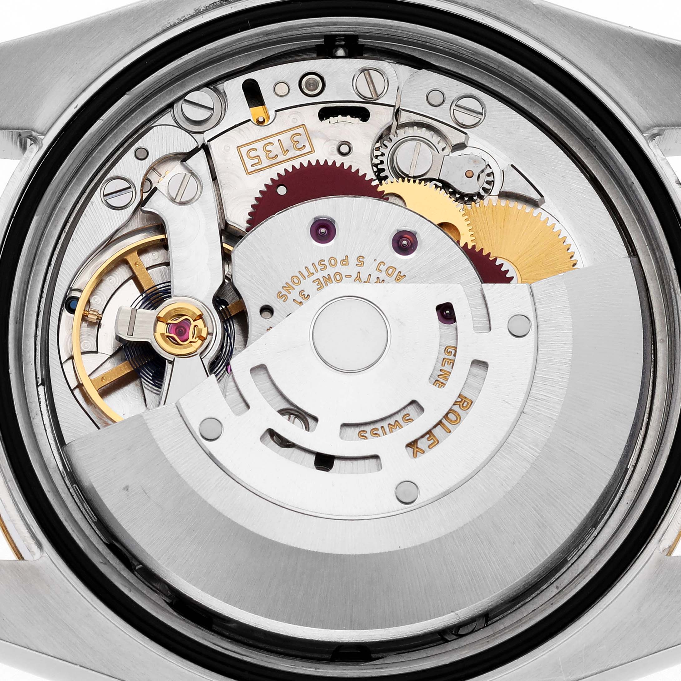 This image shows the open case back of a Rolex Datejust 116203 Men's Steel and Gold (two tone) Grey Dial 116203 Men's Steel and Gold (two tone) Grey Dial watch, revealing its mechanical movement components.