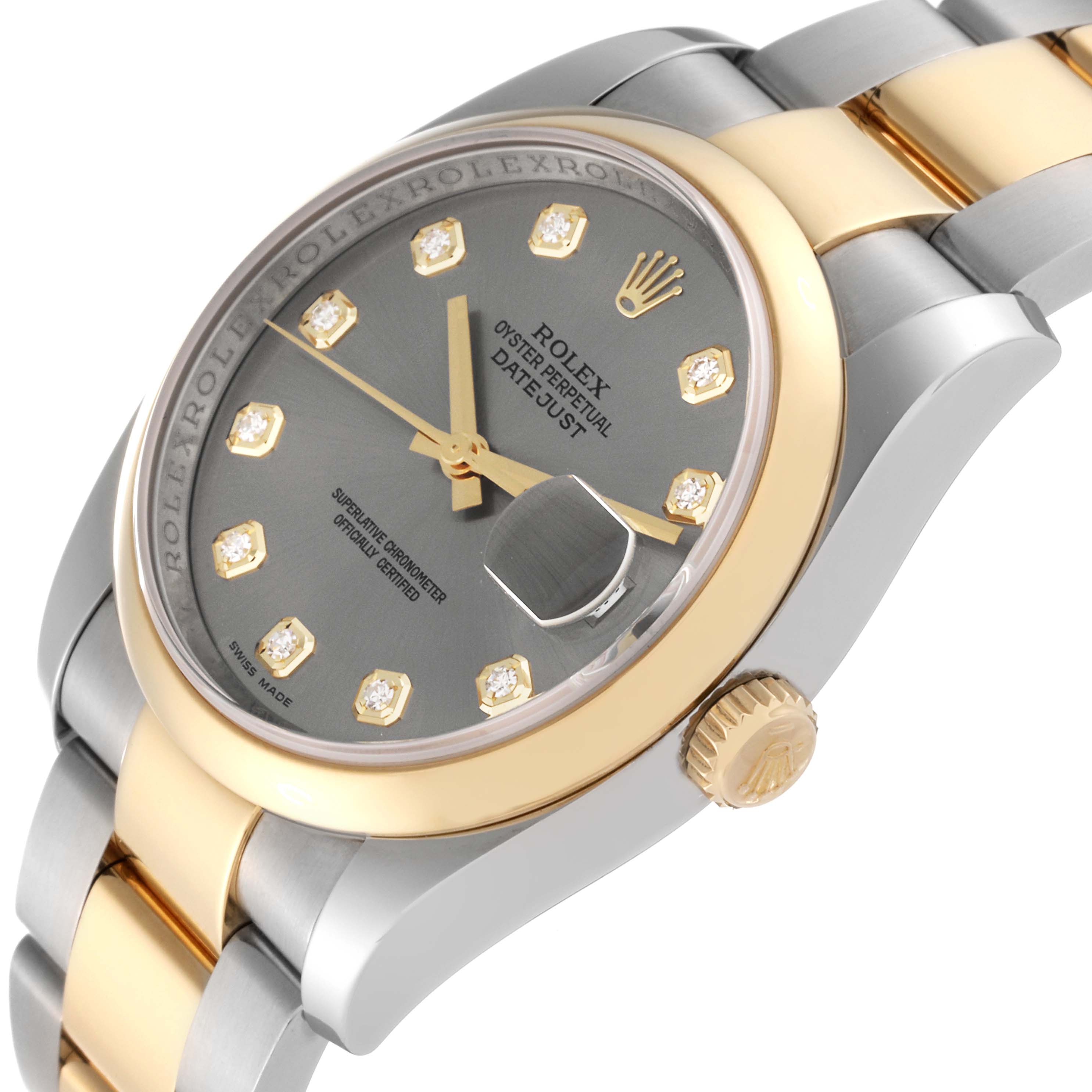 The Rolex Datejust 116203 Men's Steel and Gold (two tone) Grey Dial 116203 Men's Steel and Gold (two tone) Grey Dial watch is shown at an angle, highlighting the dial, crown, and part of the bracelet.