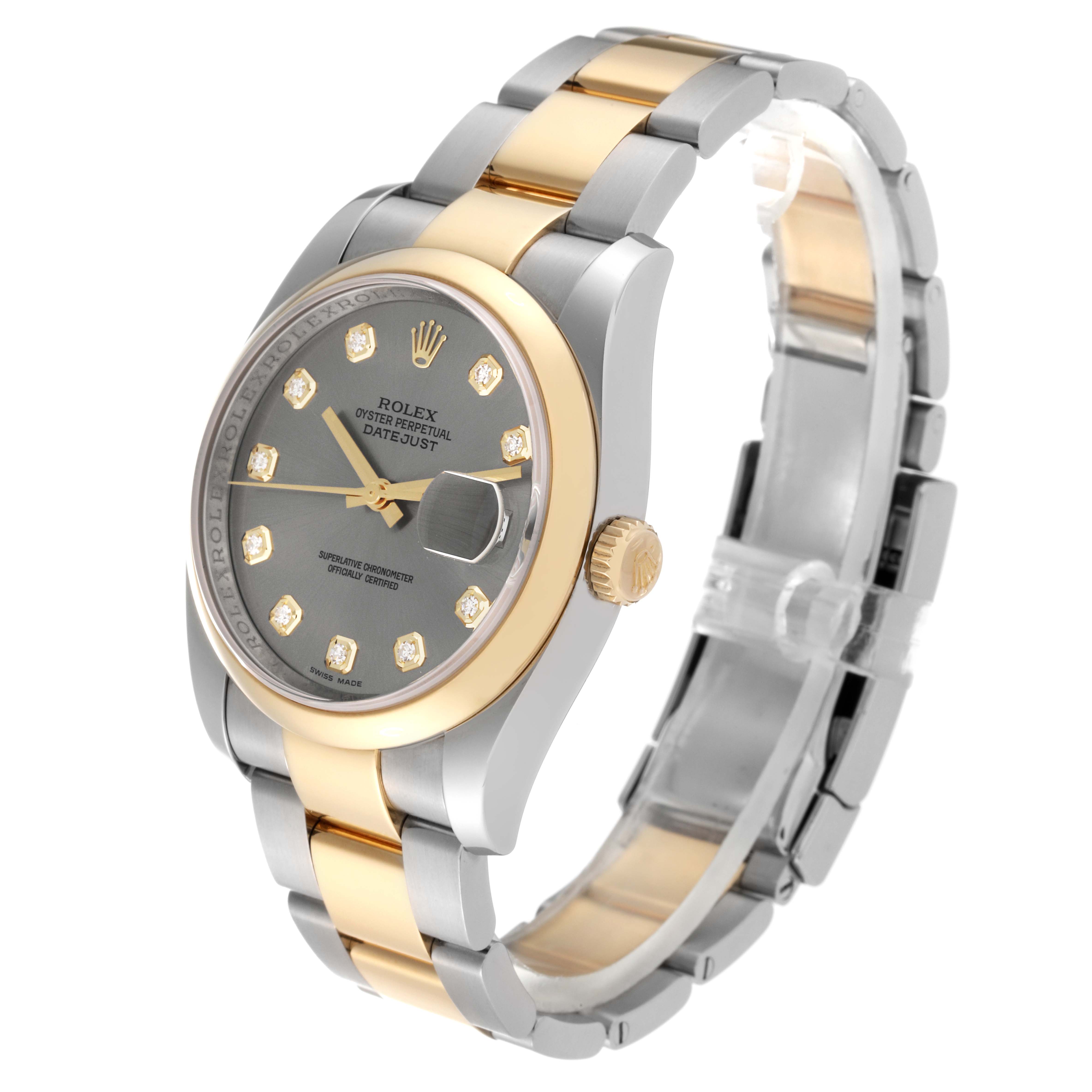 The Rolex Datejust 116203 Men's Steel and Gold (two tone) Grey Dial 116203 Men's Steel and Gold (two tone) Grey Dial watch is shown at a three-quarter angle, displaying its dial, bracelet, bezel, and crown.