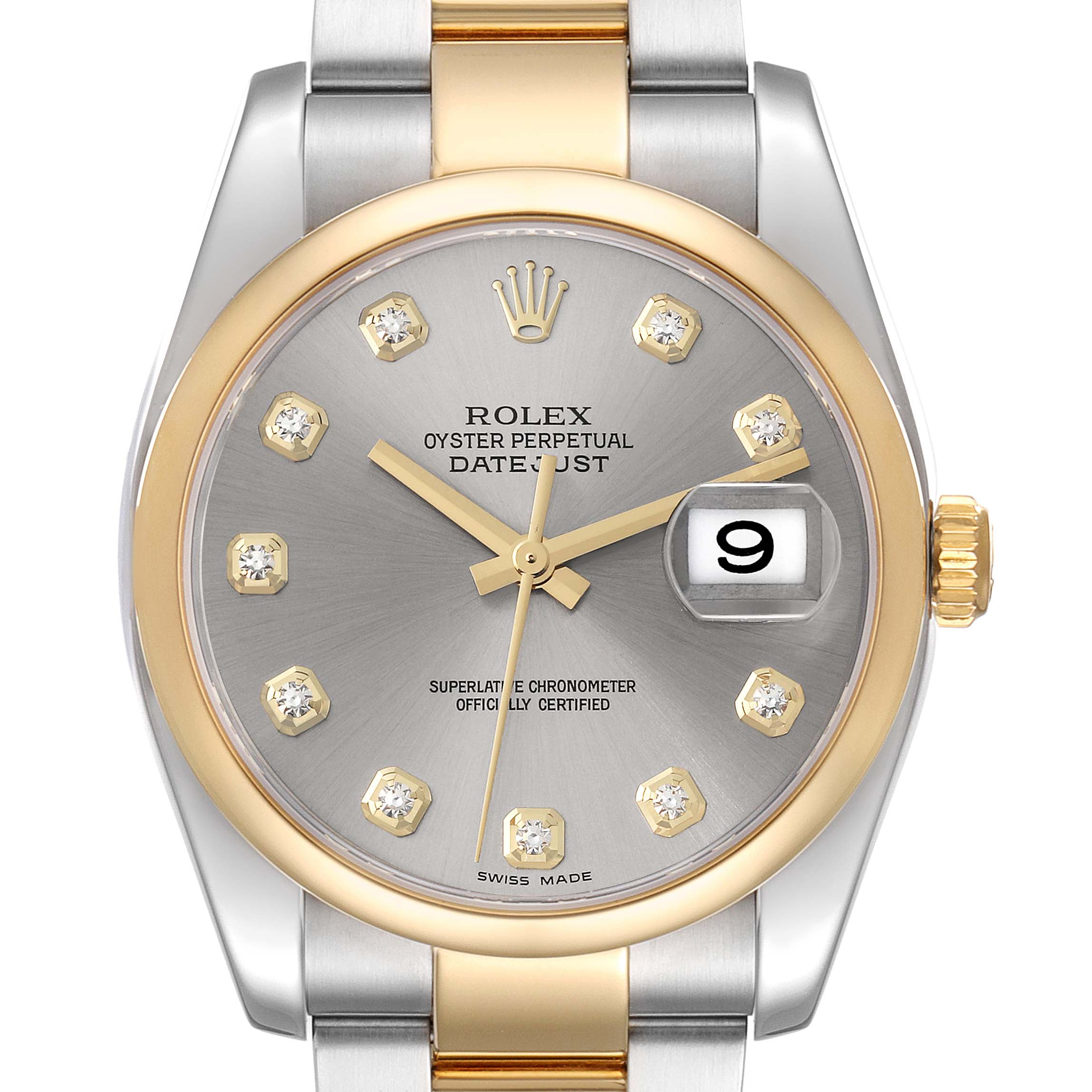 The image shows the front view of a Rolex Datejust 116203 Men's Steel and Gold (two tone) Grey Dial 116203 Men's Steel and Gold (two tone) Grey Dial watch, highlighting its dial, bezel, crown, and bracelet.