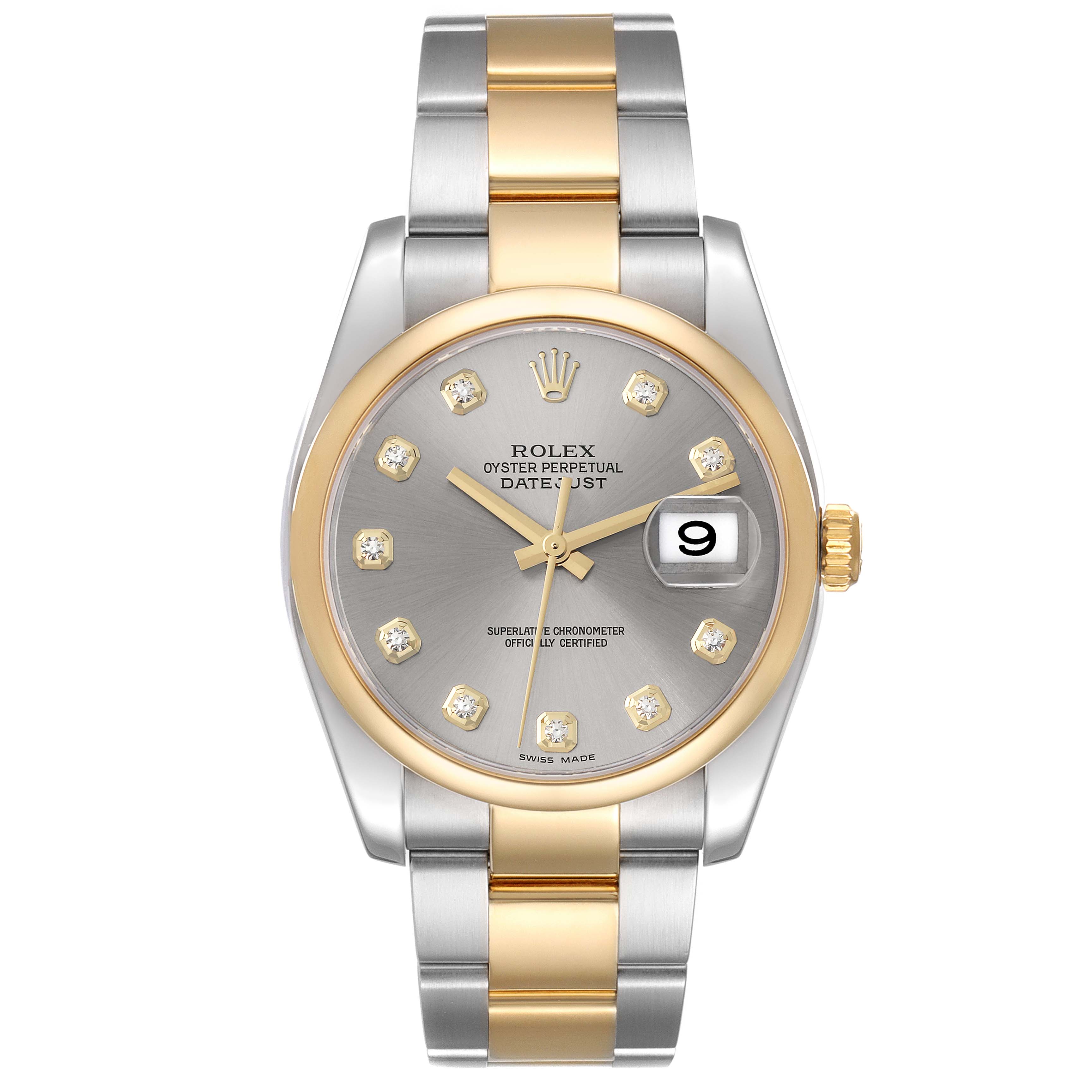 The image shows a front view of a Rolex Datejust 116203 Men's Steel and Gold (two tone) Grey Dial 116203 Men's Steel and Gold (two tone) Grey Dial watch, featuring a two-tone bracelet, silver dial, and gold accents.