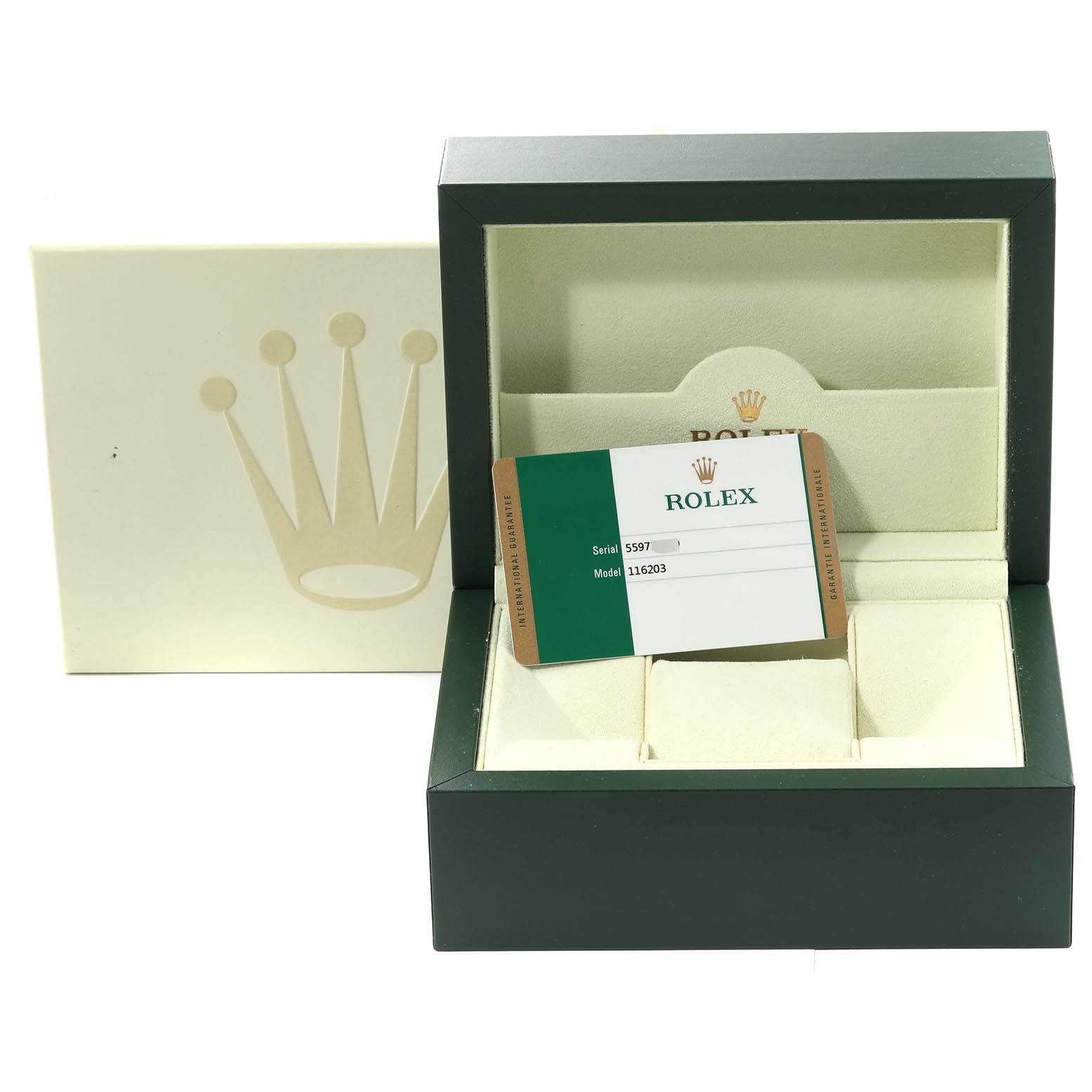 The image displays a Rolex Datejust 116203 Men's Steel and Gold (two tone) Grey Dial 116203 Men's Steel and Gold (two tone) Grey Dial watch box, warranty card, and the outer box from a front angle.