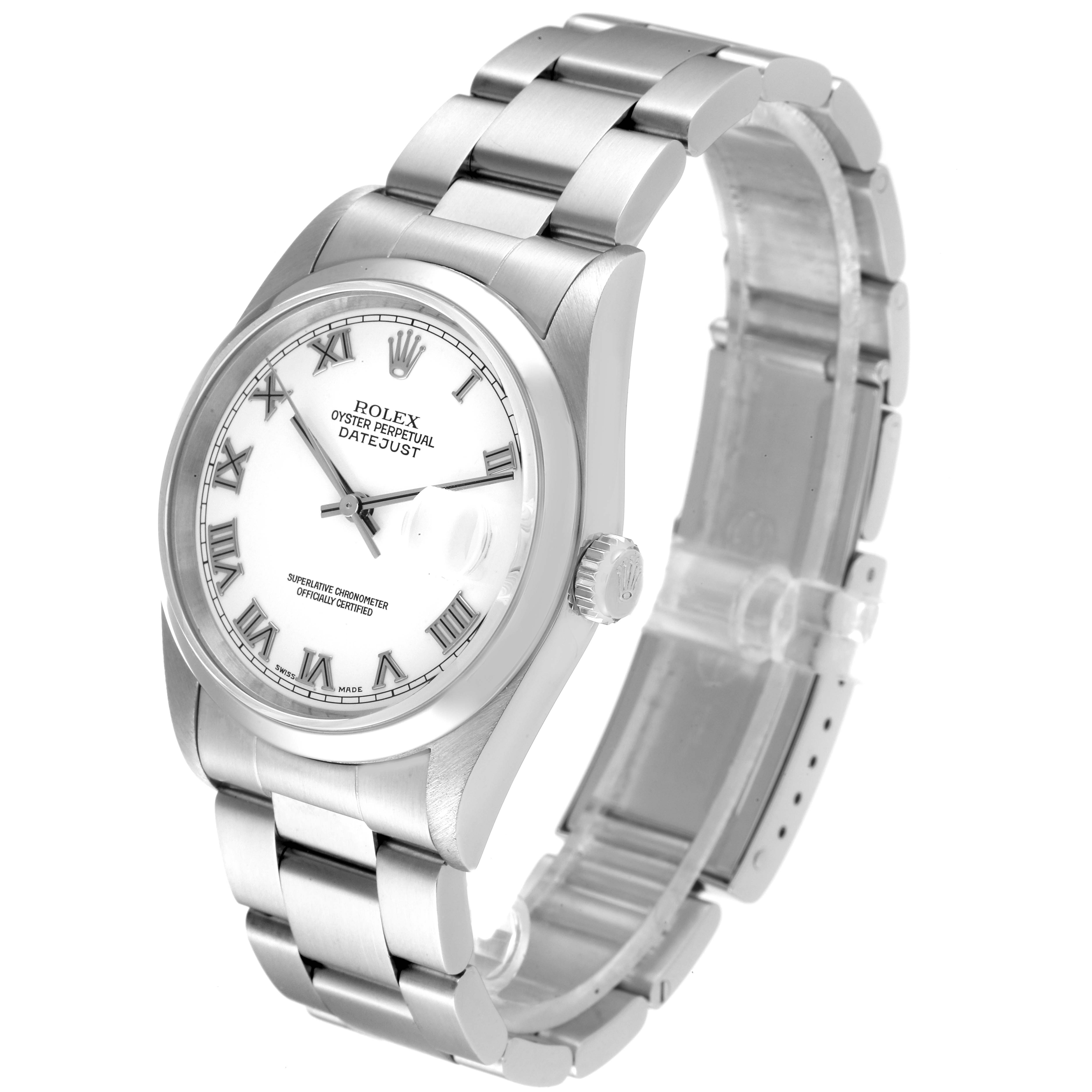 The Rolex Datejust 16200 Men's Stainless Steel White Dial 16200 Men's Stainless Steel White Dial watch is shown from a front-side angle, displaying the dial, bezel, crown, and bracelet.