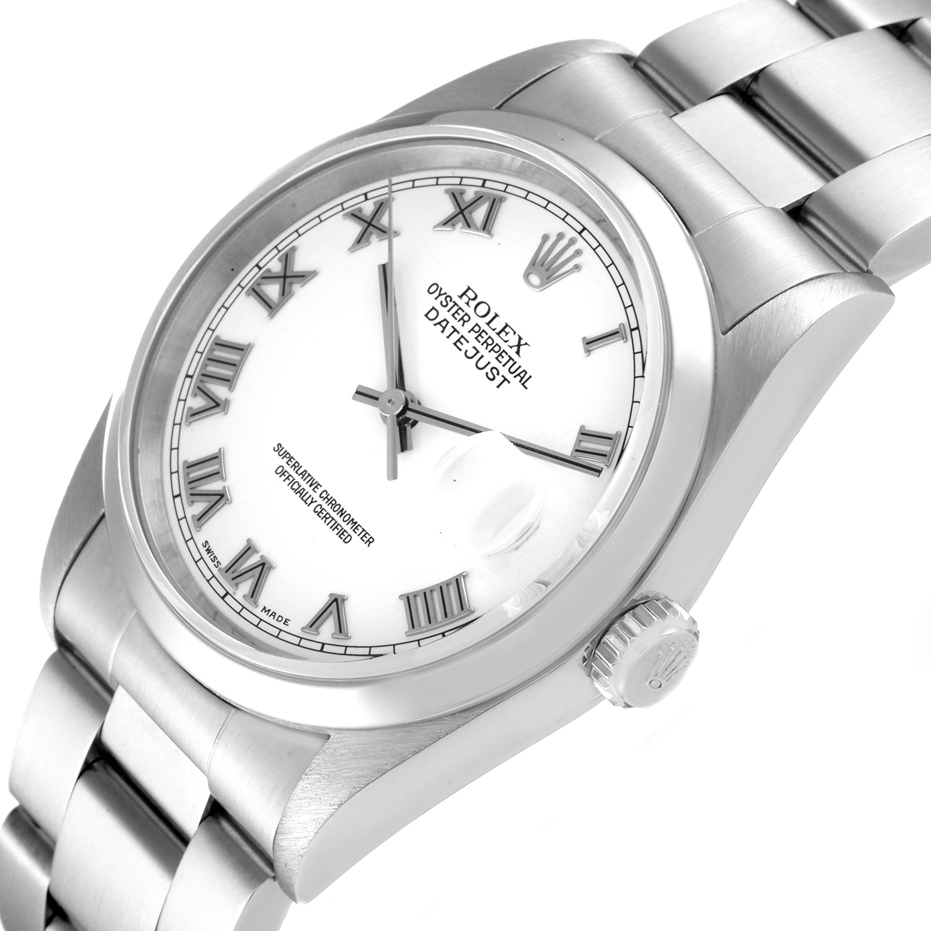 The image shows a Rolex Datejust 16200 Men's Stainless Steel White Dial 16200 Men's Stainless Steel White Dial watch at a slight angle, highlighting the dial, bracelet, and crown.