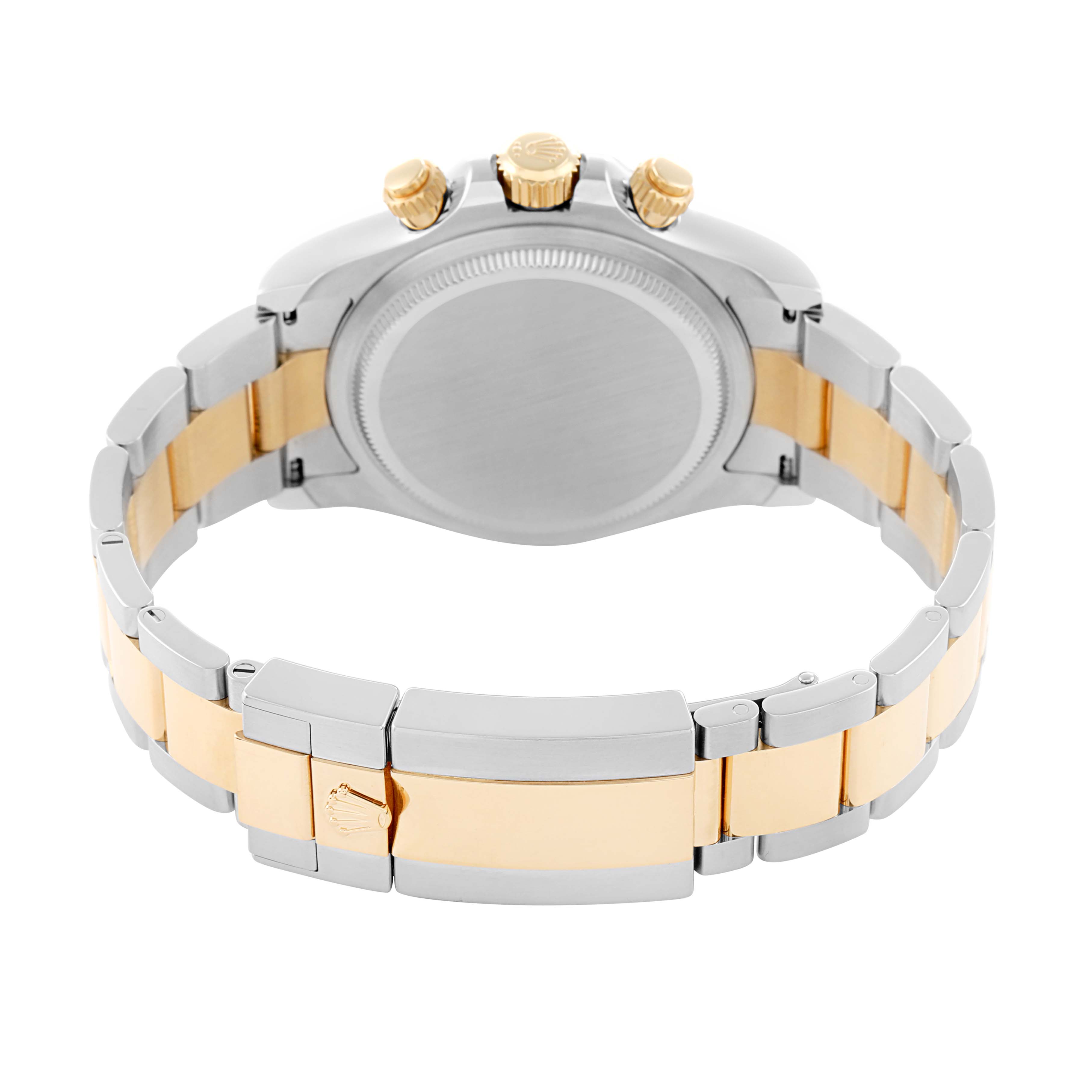 The Rolex Daytona 126503 Men's Steel and Gold (two tone) Champagne Dial watch is shown from the back, highlighting the case, bracelet, and clasp.