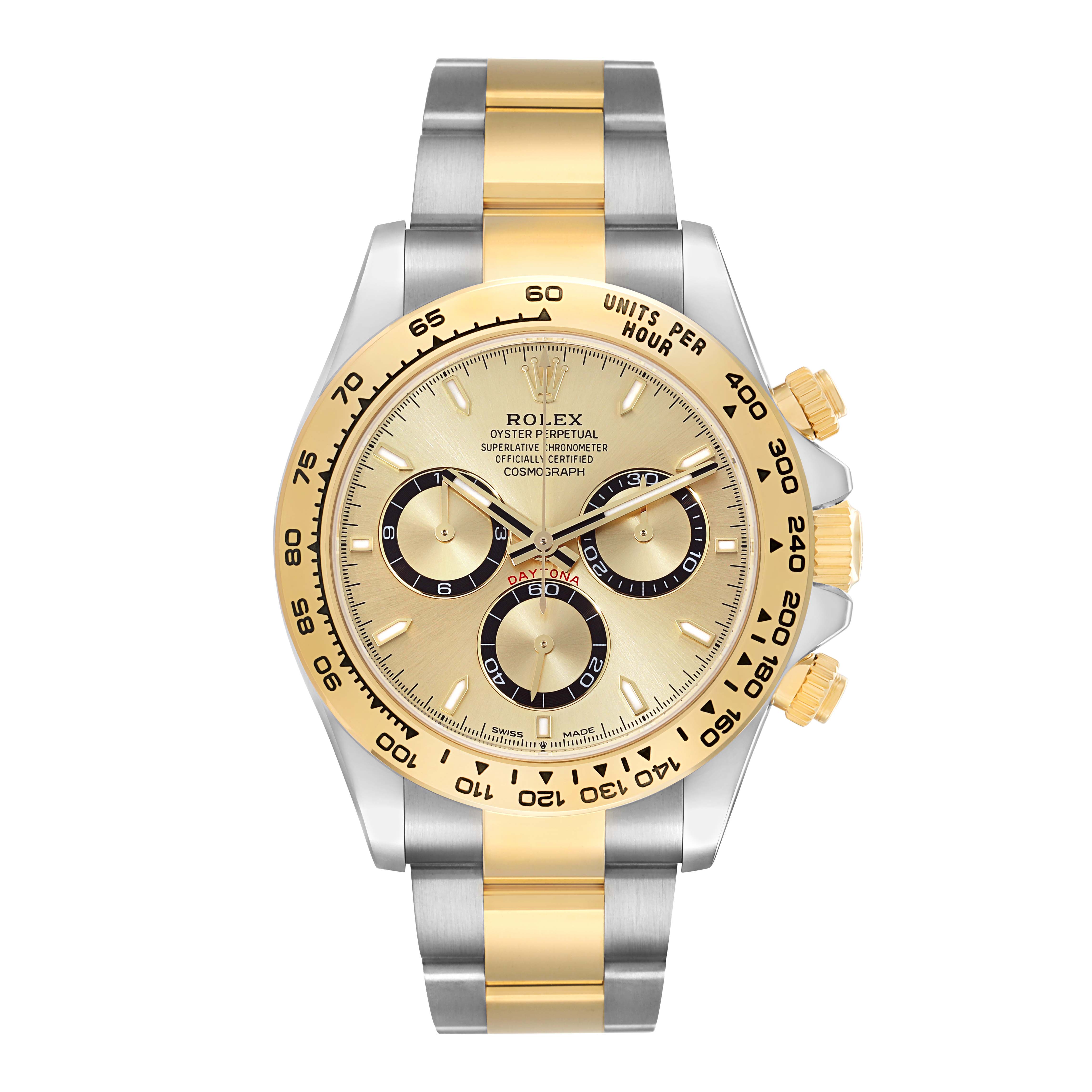 The Rolex Daytona 126503 Men's Steel and Gold (two tone) Champagne Dial watch is shown from the front, displaying its face, bezel, subdials, and two-tone bracelet.