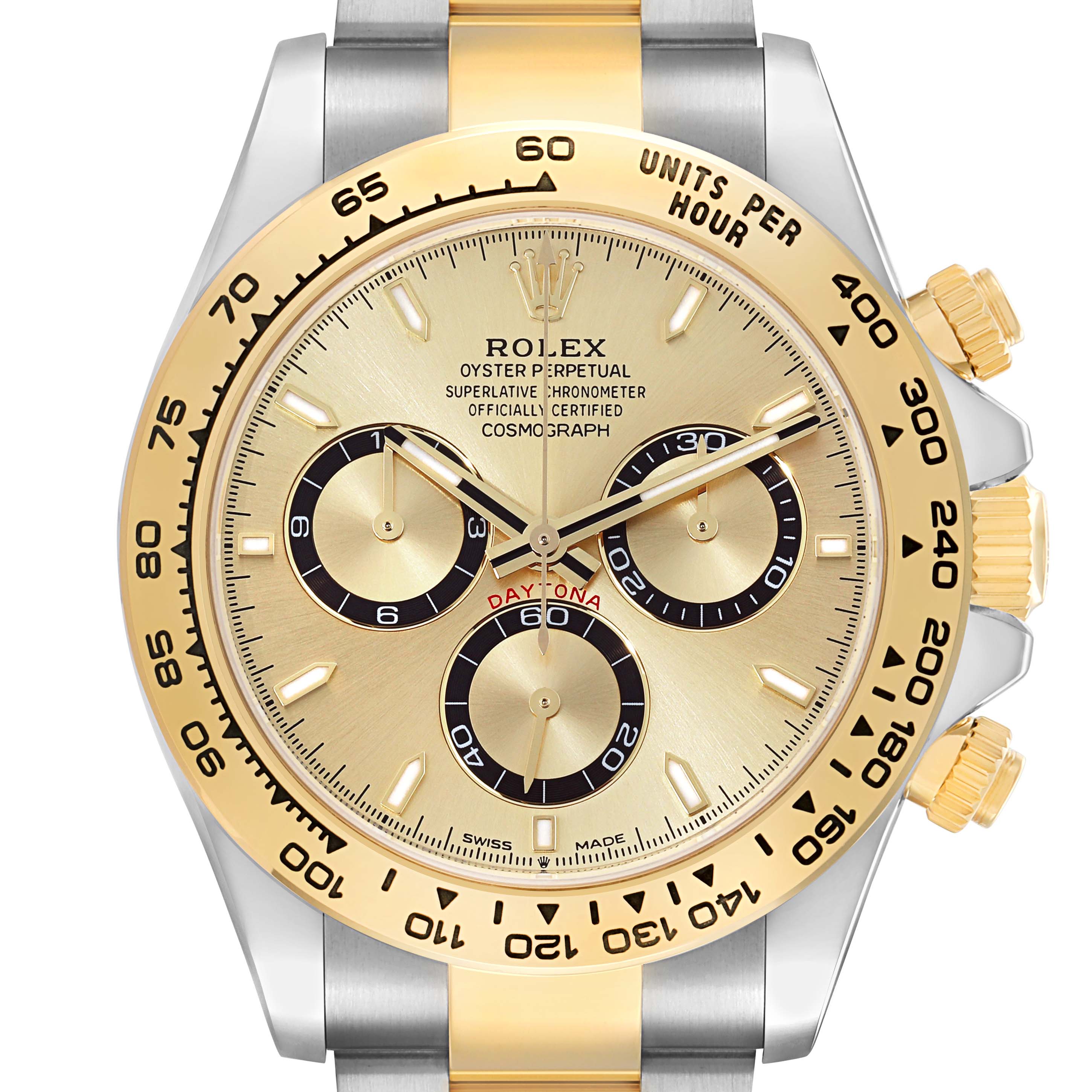 The Rolex Daytona 126503 Men's Steel and Gold (two tone) Champagne Dial watch is shown from a front angle, featuring its dial, bezel, and pushers.