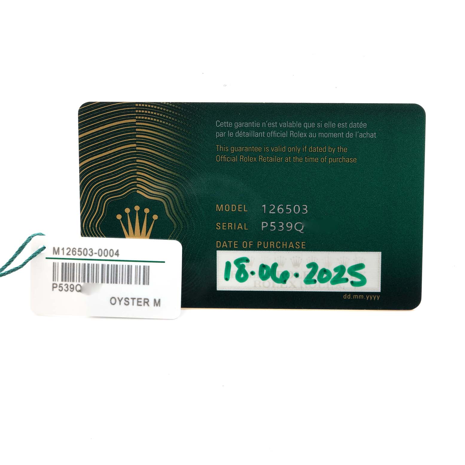 The image shows the guarantee card and tag for a Rolex Daytona 126503 Men's Steel and Gold (two tone) Champagne Dial model 126503 with serial P539Q.