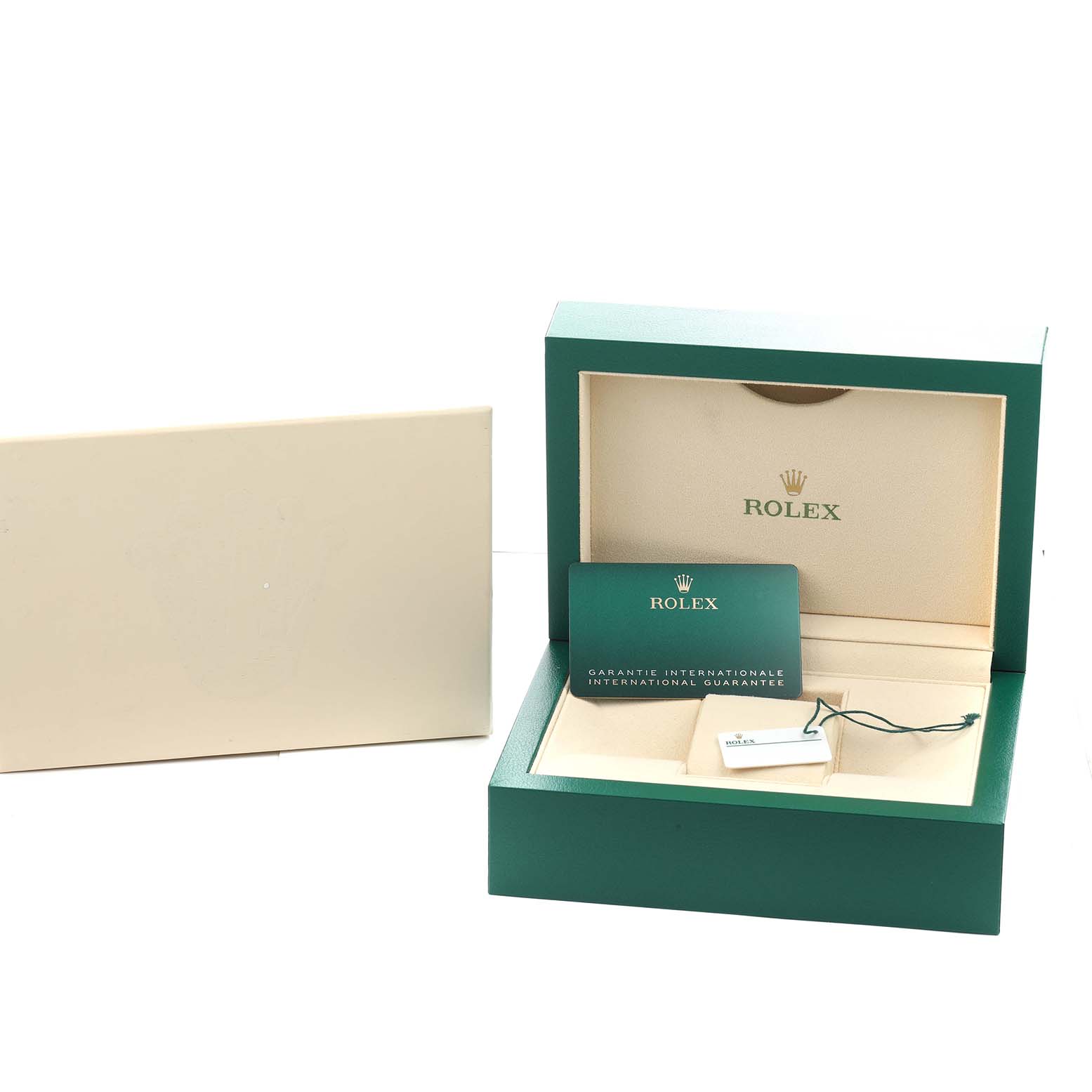 The image shows the packaging and accessories for a Rolex Daytona 126503 Men's Steel and Gold (two tone) Champagne Dial, including a green box, international guarantee card, and tag.
