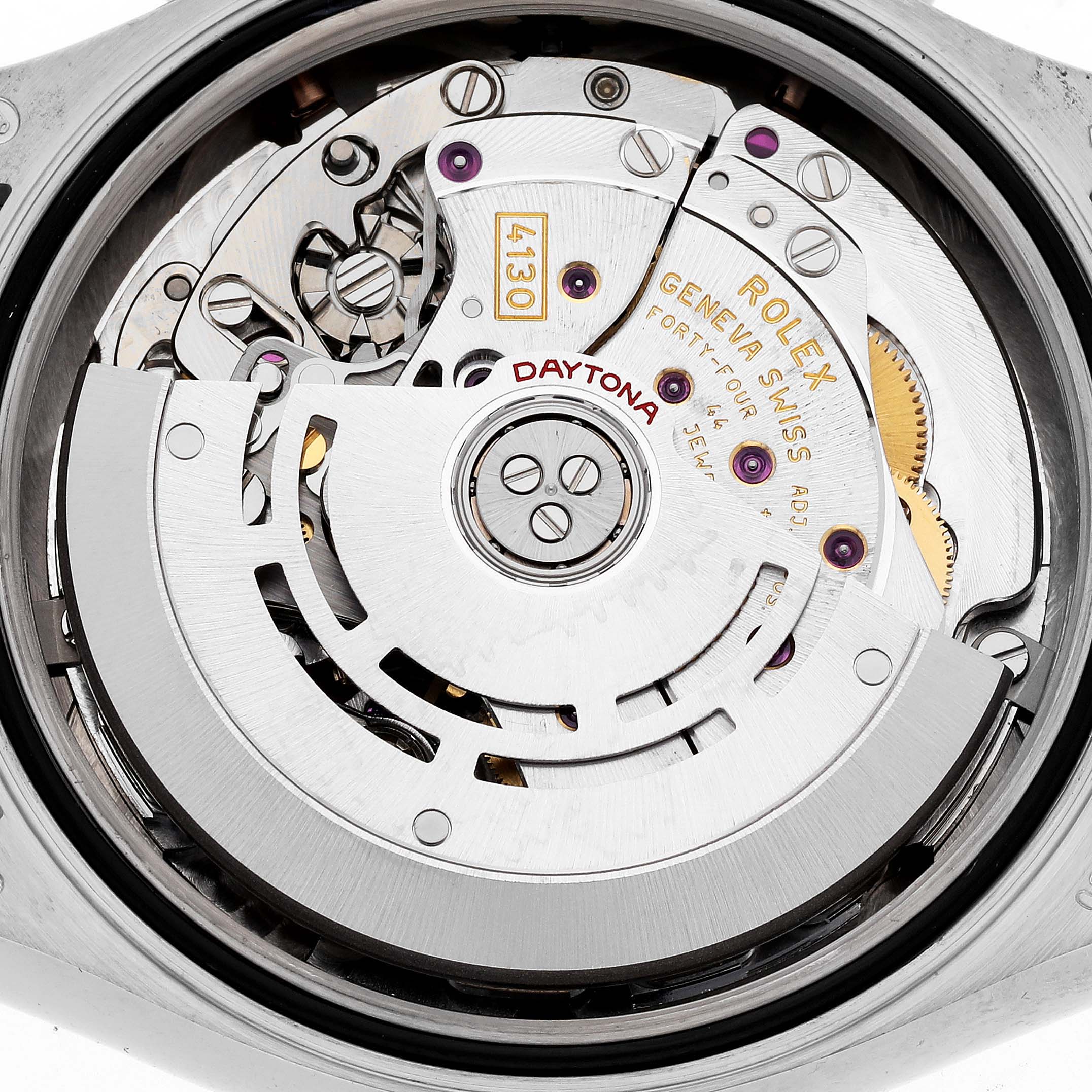 This image shows the intricate internal movement mechanism of the Rolex Daytona 116519LN Men's White Gold Mother of Pearl Dial 116519LN Men's White Gold Mother of Pearl Dial watch.