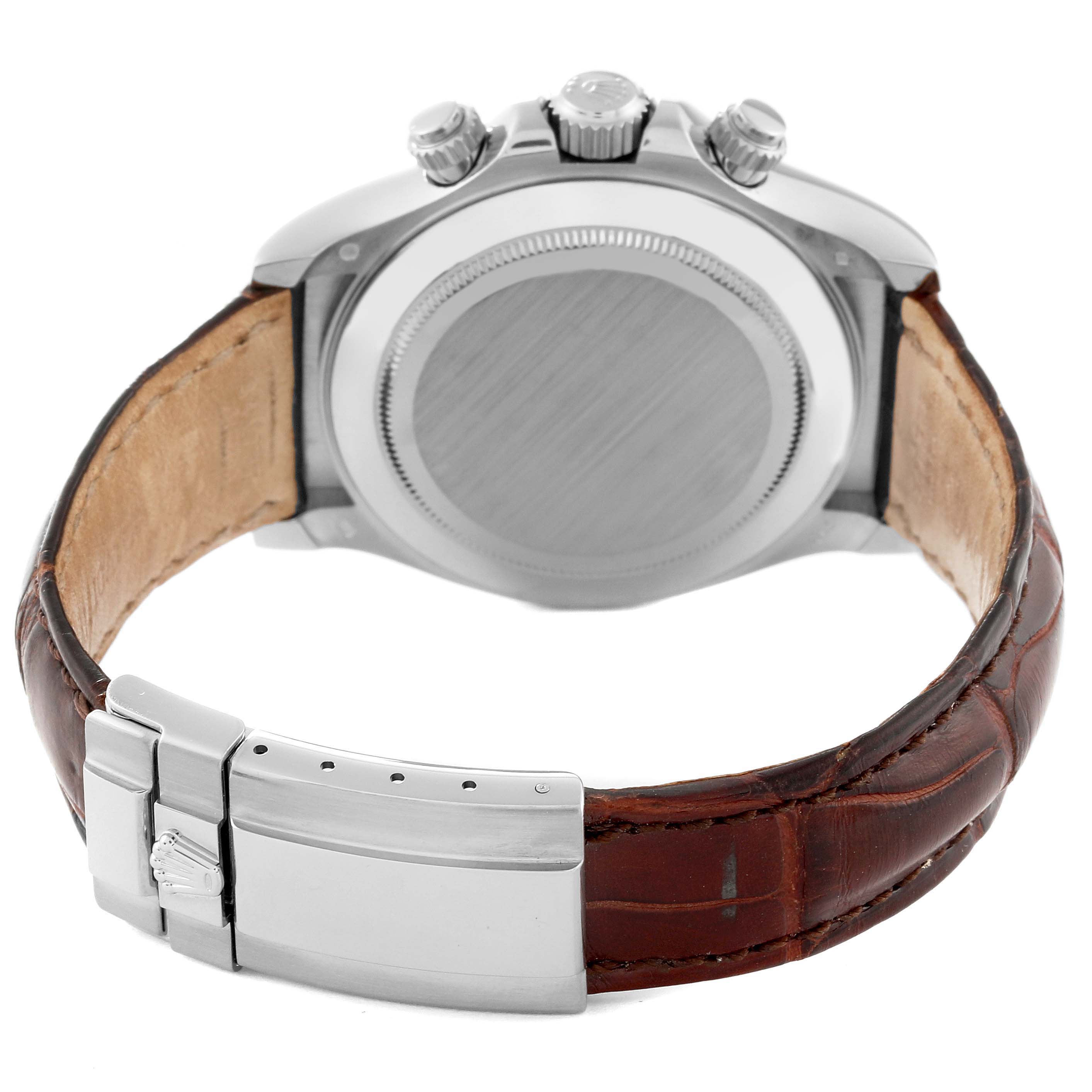 The image shows the back case and leather strap with clasp of a Rolex Daytona 116519LN Men's White Gold Mother of Pearl Dial 116519LN Men's White Gold Mother of Pearl Dial watch.