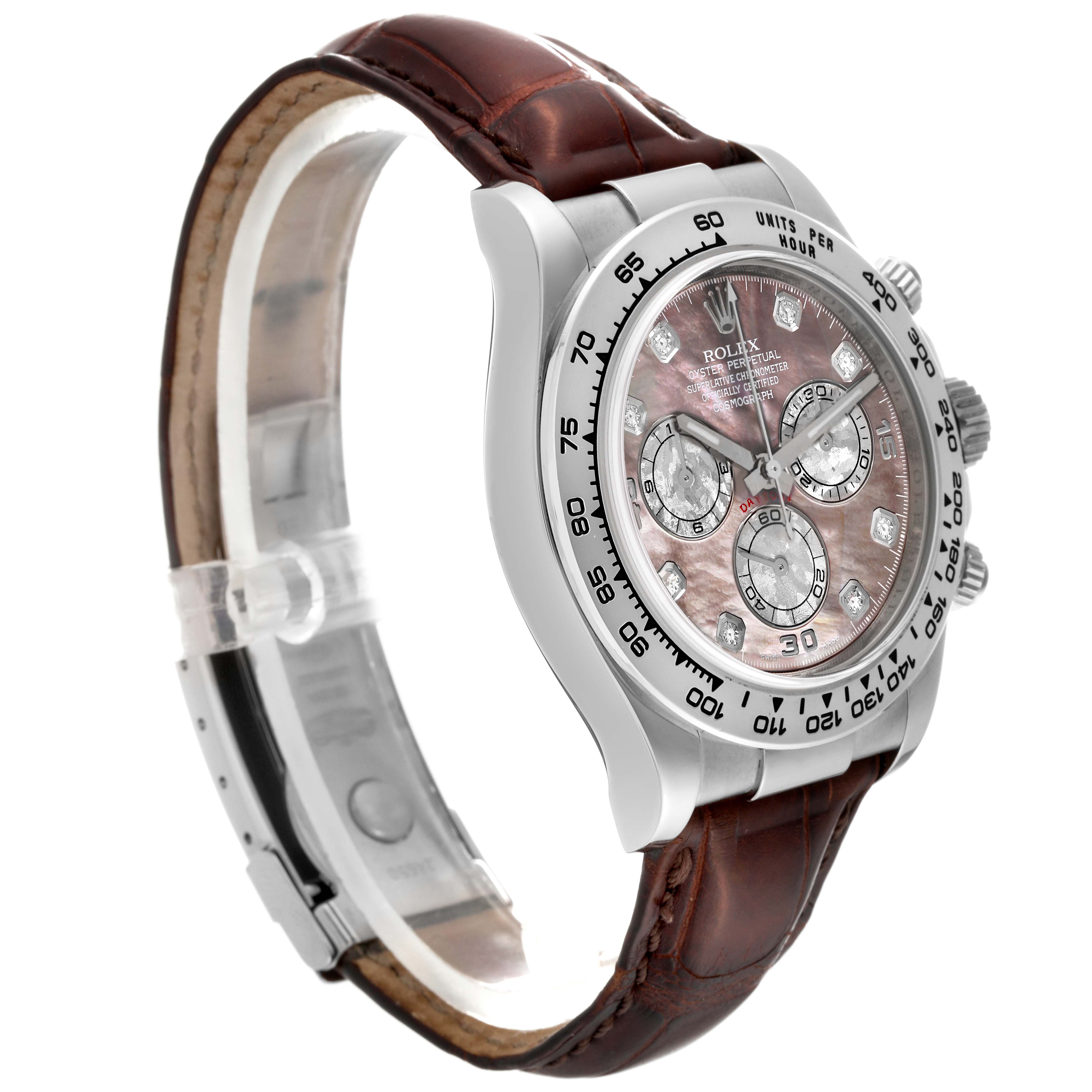 This image shows a side angle of a Rolex Daytona 116519LN Men's White Gold Mother of Pearl Dial 116519LN Men's White Gold Mother of Pearl Dial watch, highlighting its face, bezel, buttons, and brown leather strap.
