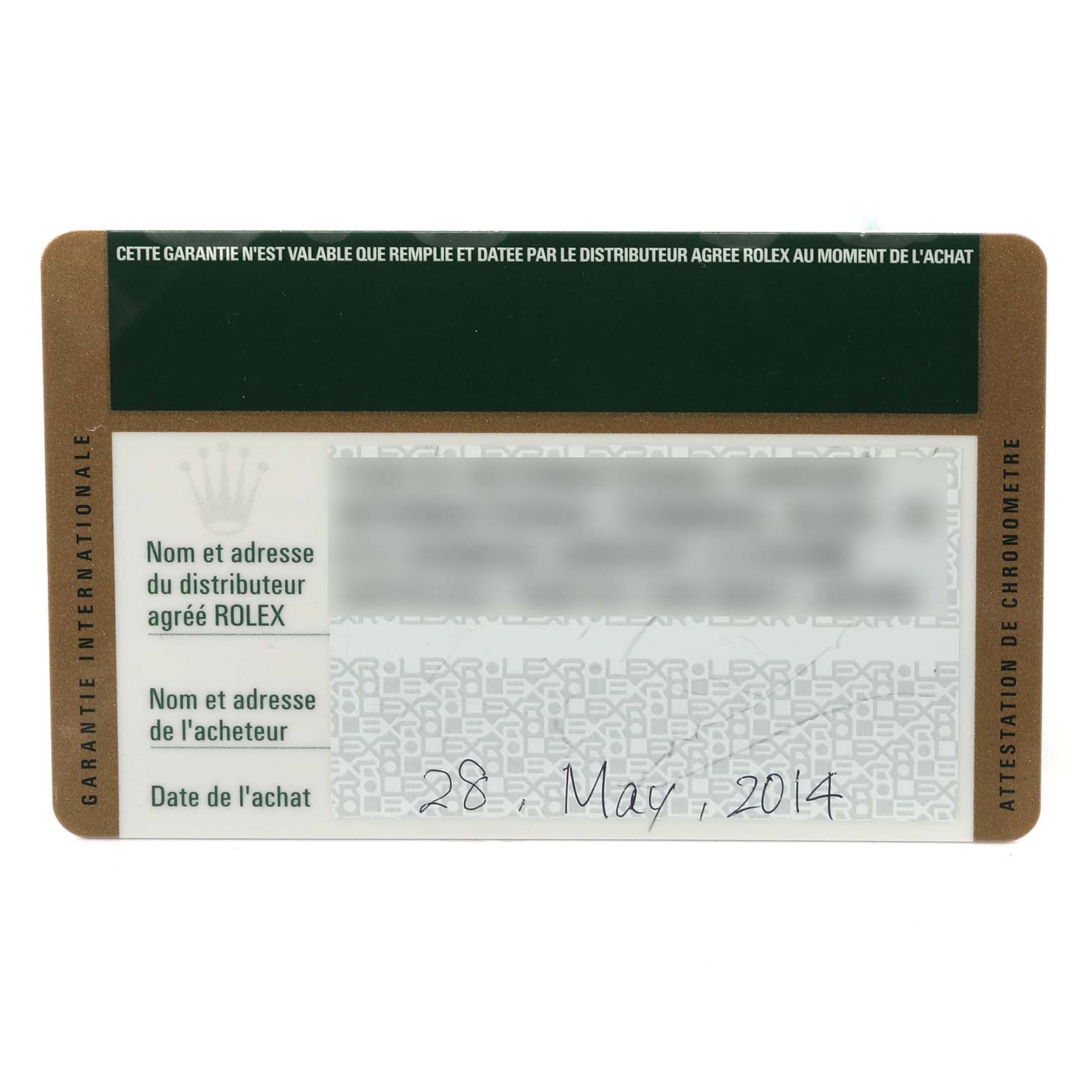 This is an international warranty card for a Rolex Daytona 116519LN Men's White Gold Mother of Pearl Dial 116519LN Men's White Gold Mother of Pearl Dial watch, showing purchase date, dealer details, and buyer's information sections.