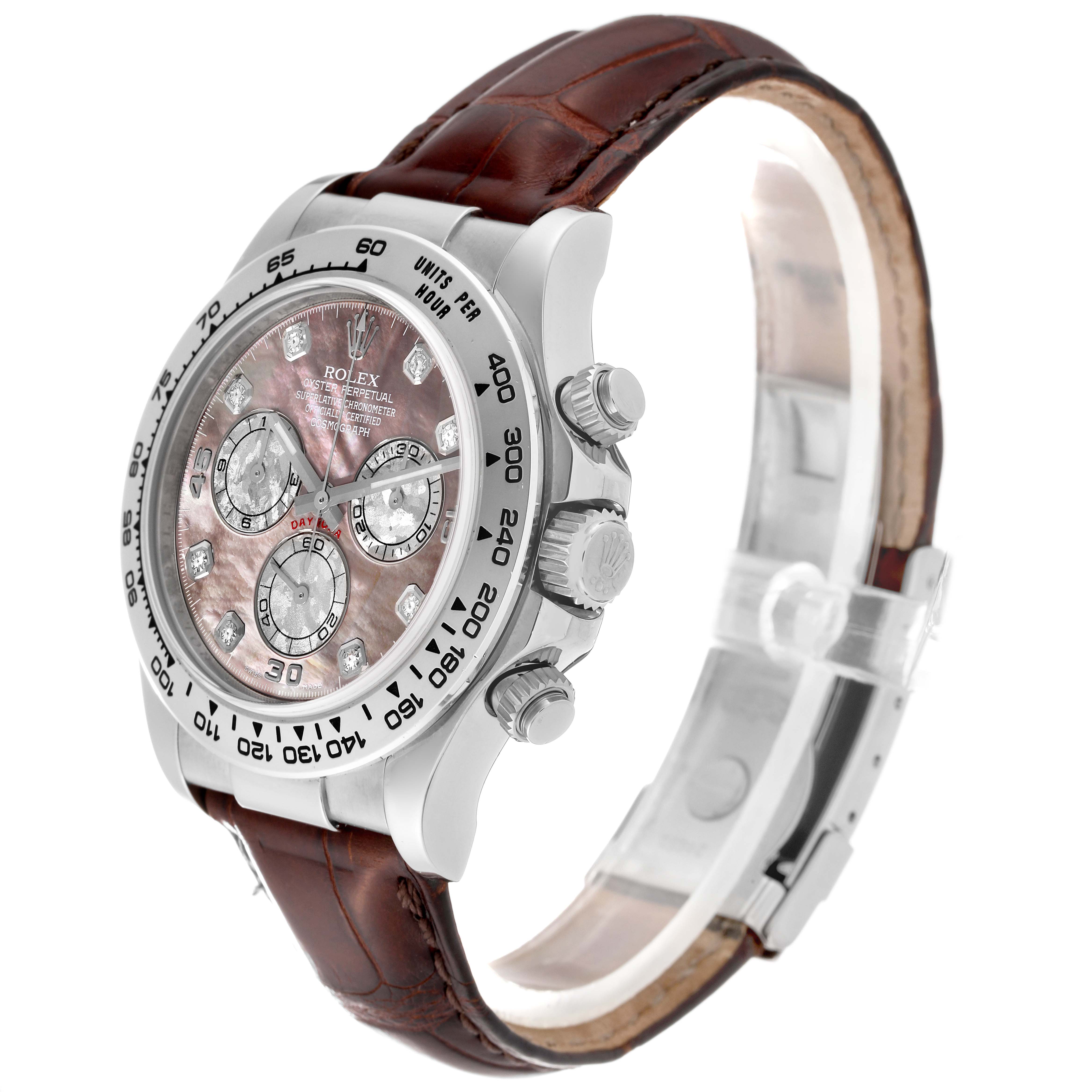 The Rolex Daytona 116519LN Men's White Gold Mother of Pearl Dial 116519LN Men's White Gold Mother of Pearl Dial watch is shown at a three-quarter angle, highlighting the face, side buttons, and part of the leather strap.