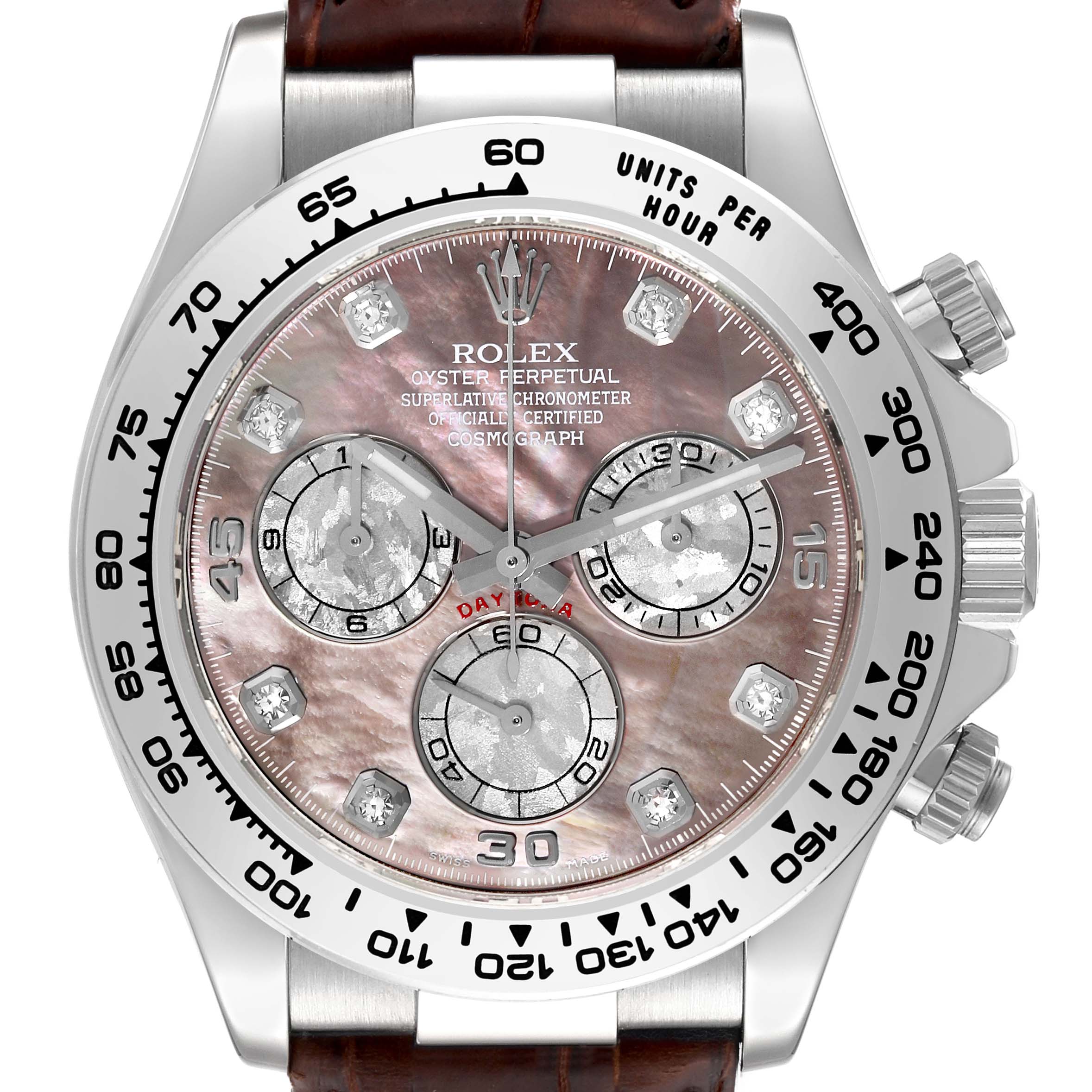 This image shows a front angle of a Rolex Daytona 116519LN Men's White Gold Mother of Pearl Dial 116519LN Men's White Gold Mother of Pearl Dial watch, highlighting its dial, bezel, subdials, and part of the strap.