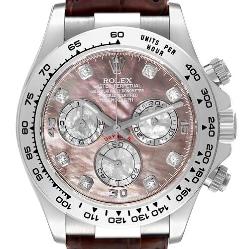 Photo of Rolex Daytona White Gold Mother Of Pearl Diamond Dial Mens Watch 116519 Box Card