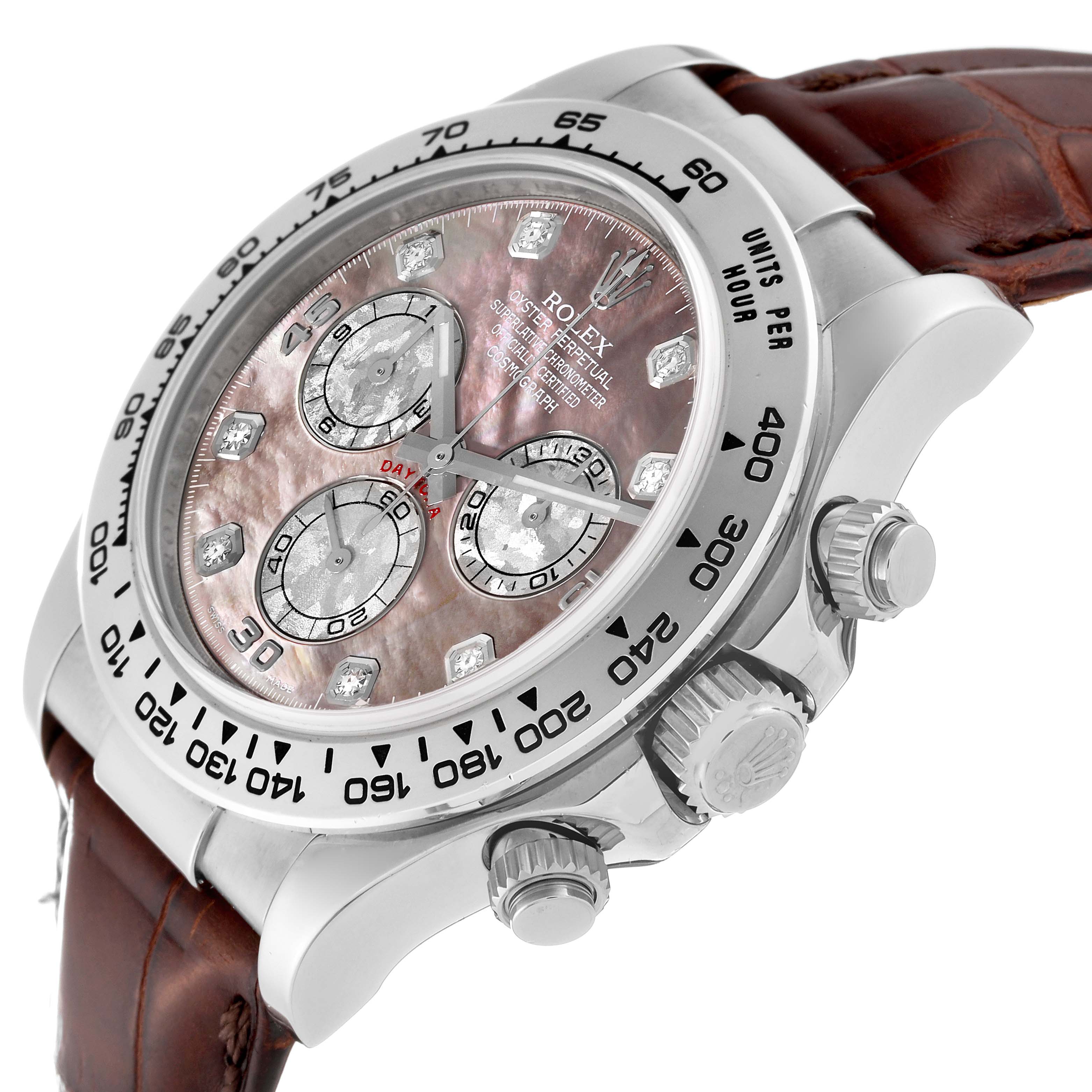 The image shows a close-up side angle of a Rolex Daytona 116519LN Men's White Gold Mother of Pearl Dial 116519LN Men's White Gold Mother of Pearl Dial watch face, crown, and pushers, highlighting its bezel and brown strap.