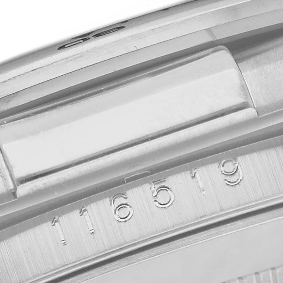 This image shows a close-up angle of the Rolex Daytona 116519LN Men's White Gold Mother of Pearl Dial 116519LN Men's White Gold Mother of Pearl Dial watch, focusing on the case and part of the serial number "116519."