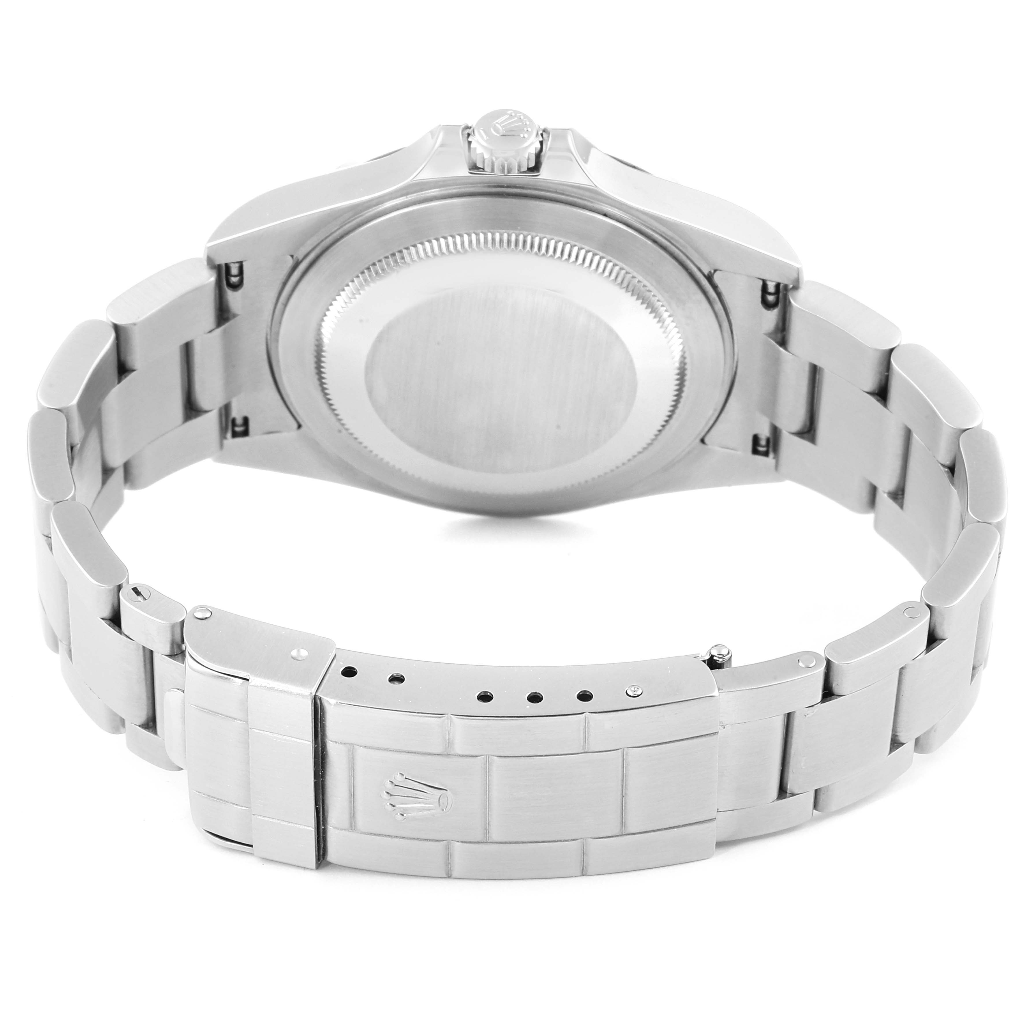 This image shows the back, bracelet, and clasp of the Rolex Explorer 16570 Men
s Stainless Steel Black Dial 16570 Men
s Stainless Steel Black Dial watch.