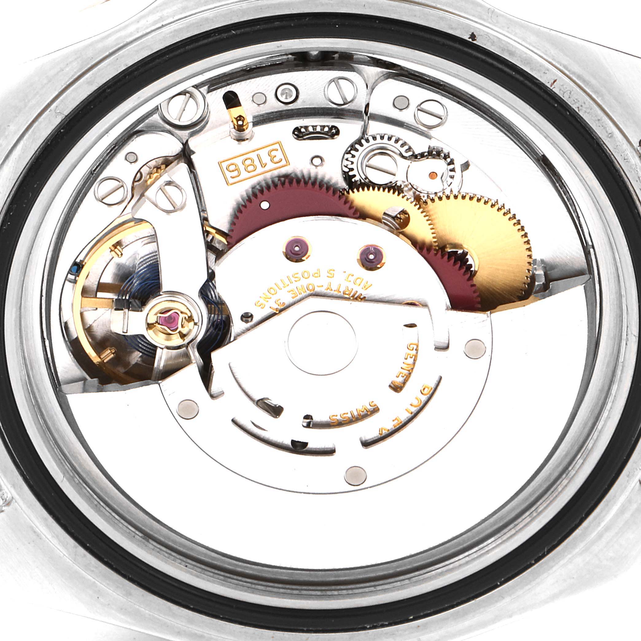 The image shows the inner mechanical movement of a Rolex Explorer 16570 Men
s Stainless Steel Black Dial 16570 Men
s Stainless Steel Black Dial watch from a top-down angle.