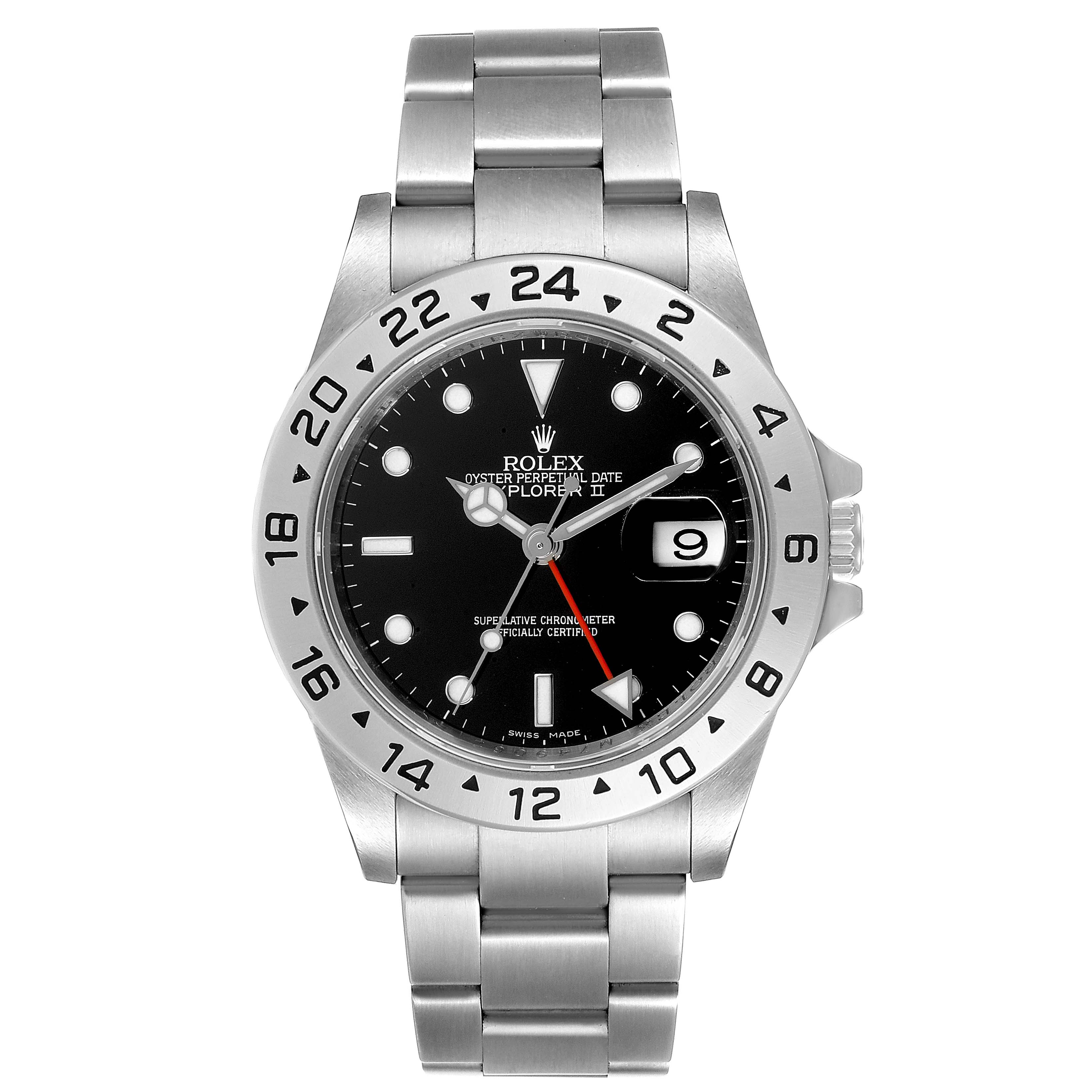 This image shows the front view of a Rolex Explorer 16570 Men
s Stainless Steel Black Dial 16570 Men
s Stainless Steel Black Dial model watch, highlighting its dial, date window, and stainless steel bracelet.