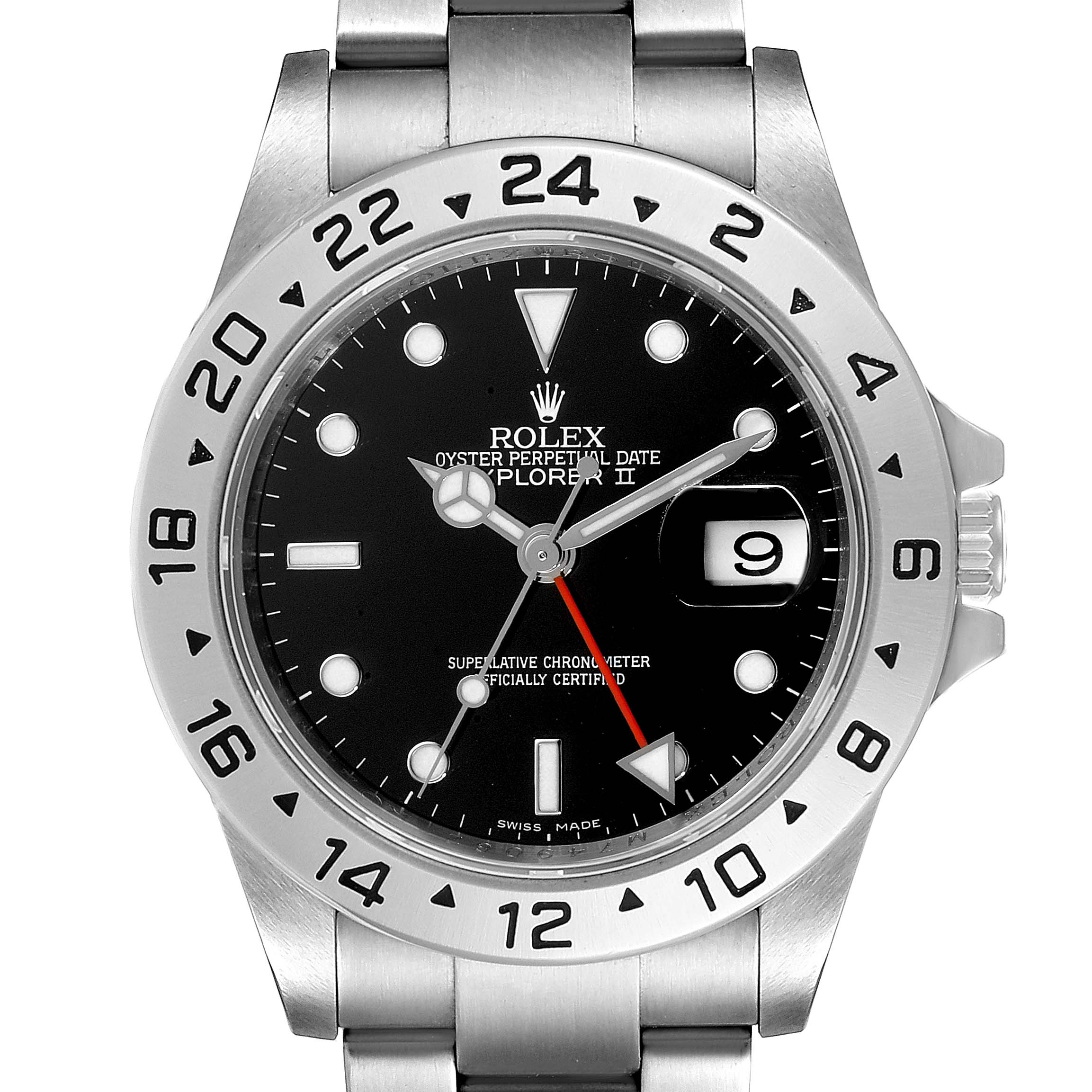 This image shows a front view of the Rolex Explorer 16570 Men
s Stainless Steel Black Dial 16570 Men
s Stainless Steel Black Dial watch, highlighting its dial, hands, bezel, and bracelet.