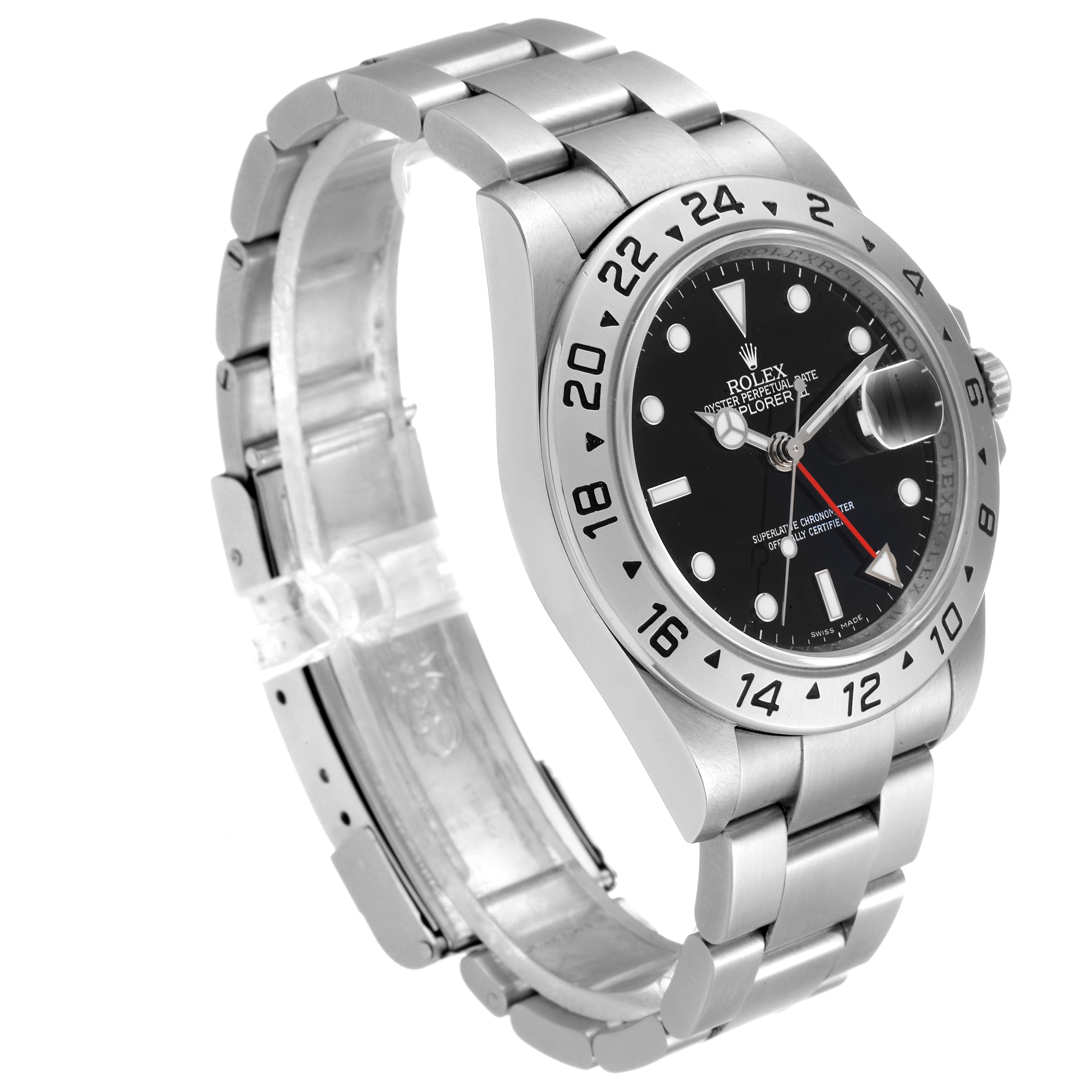 The image shows a side angle of the Rolex Explorer 16570 Men
s Stainless Steel Black Dial 16570 Men
s Stainless Steel Black Dial watch, highlighting the face, bezel, and bracelet.