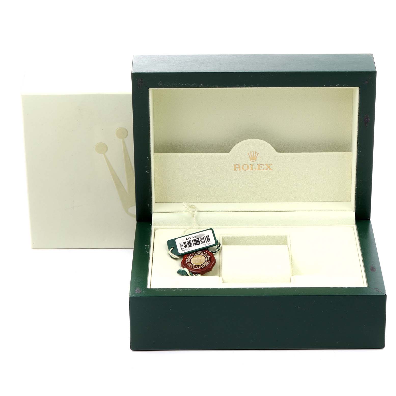 The image shows the open packaging box for a Rolex Explorer 16570 Men
s Stainless Steel Black Dial 16570 Men
s Stainless Steel Black Dial watch, revealing its inner compartments and tags.