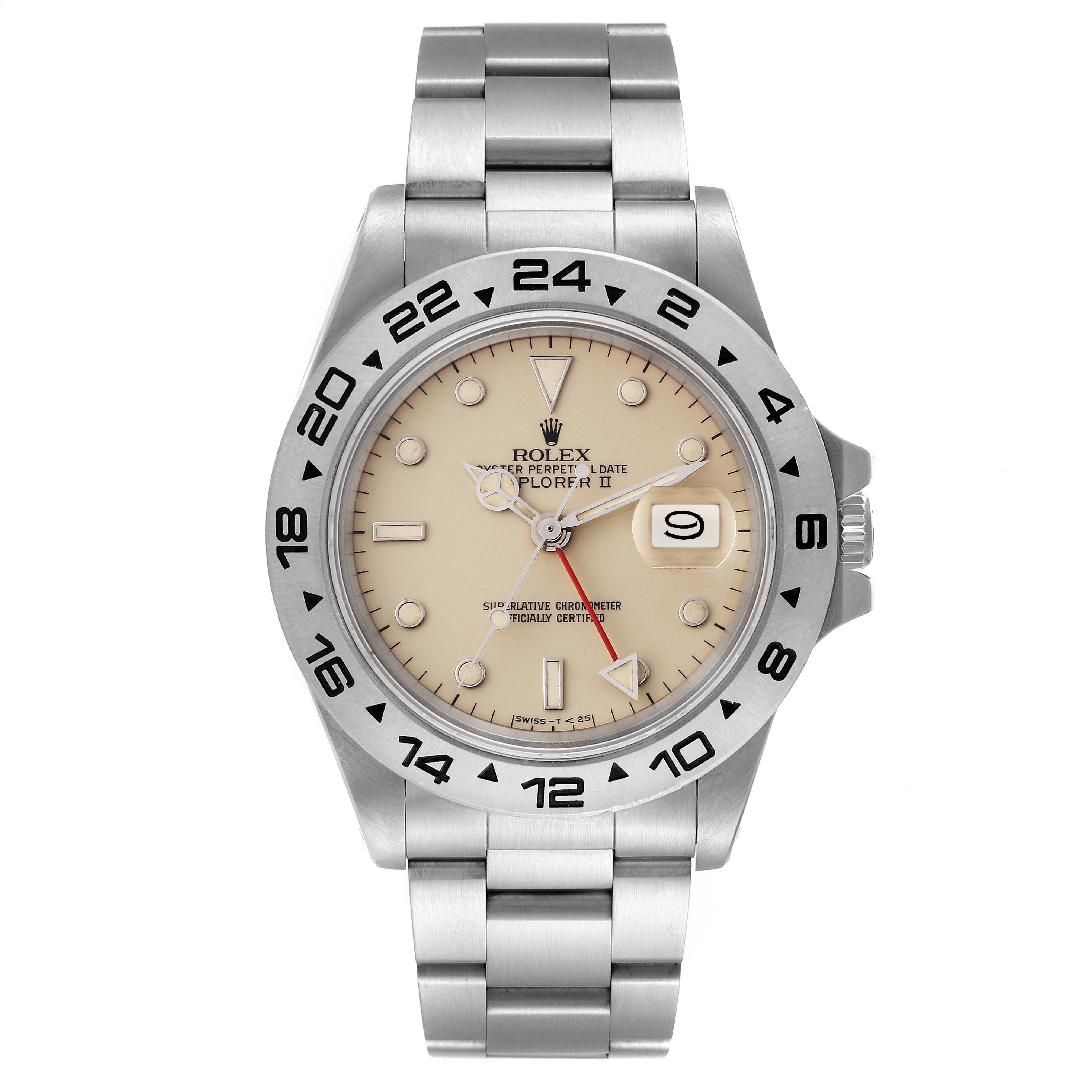 The Rolex Vintage Collection 16550 Men's Stainless Steel Beige Dial 16550 Men's Stainless Steel Beige Dial model watch is shown from a top-down perspective, displaying the face, bezel, and bracelet.