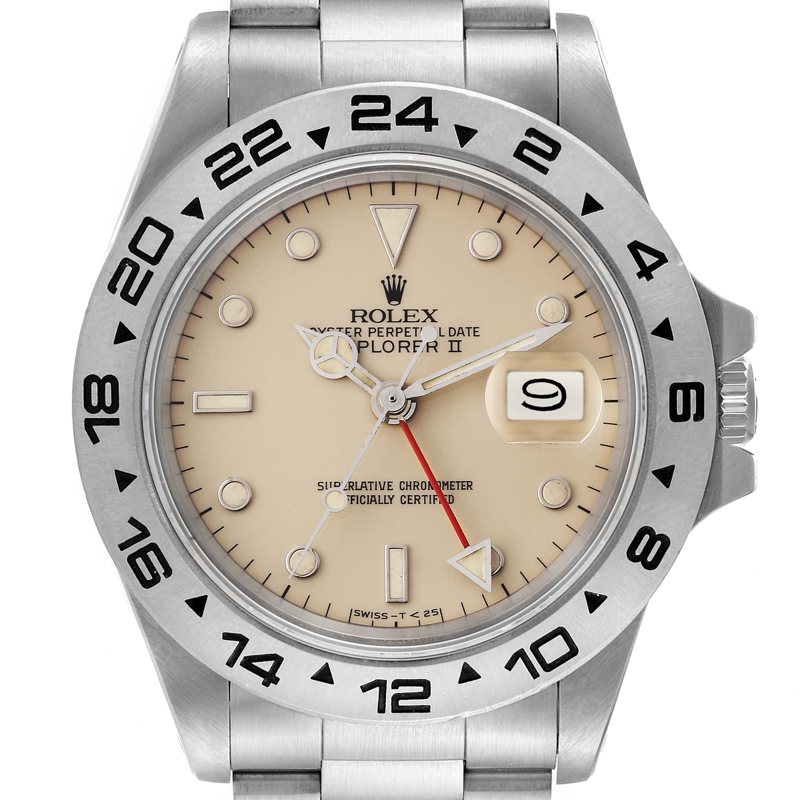 This is a frontal view of the Rolex Vintage Collection 16550 Men's Stainless Steel Beige Dial 16550 Men's Stainless Steel Beige Dial Explorer watch, showing the dial, bezel, and bracelet.