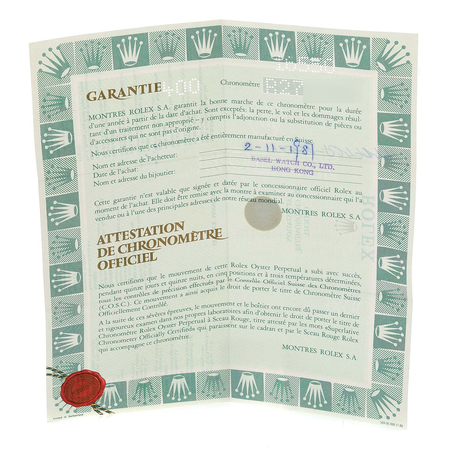 The image shows a guarantee and certification document for the Vintage Collection model by Rolex, with embossed detailing and a red seal.