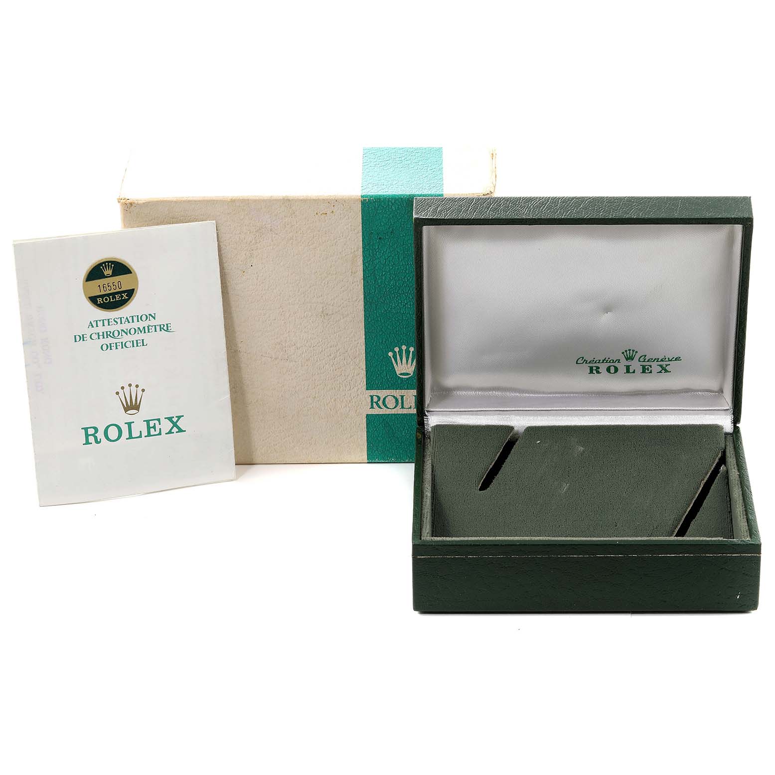 This image shows the packaging and certificate for a Rolex Vintage Collection 16550 Men's Stainless Steel Beige Dial 16550 Men's Stainless Steel Beige Dial model watch, including the box and paperwork.