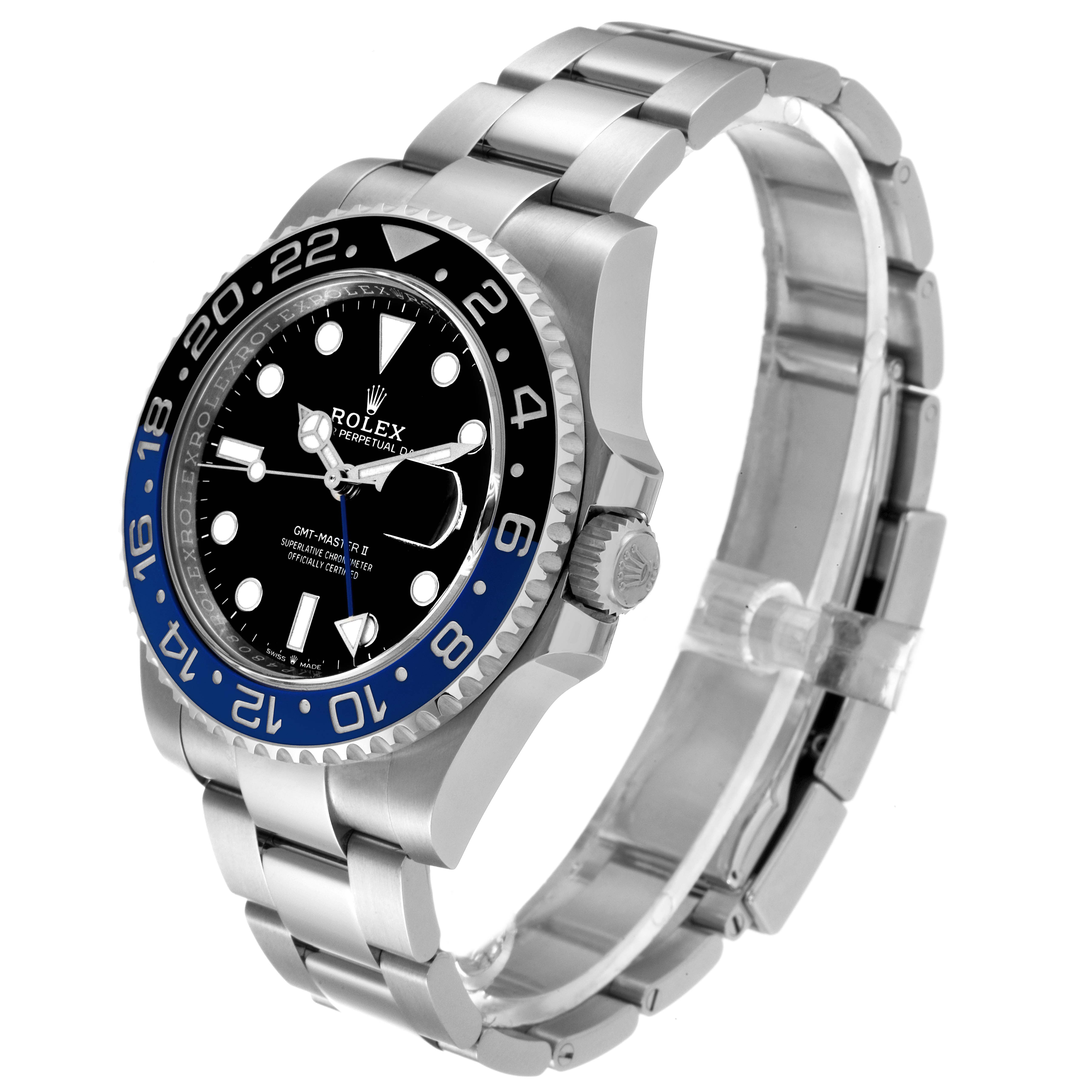 The image shows a Rolex GMT-Master 126710 Men's Stainless Steel Black Dial 126710 Men's Stainless Steel Black Dial II watch from an oblique angle, highlighting its bezel, dial, hands, and bracelet.