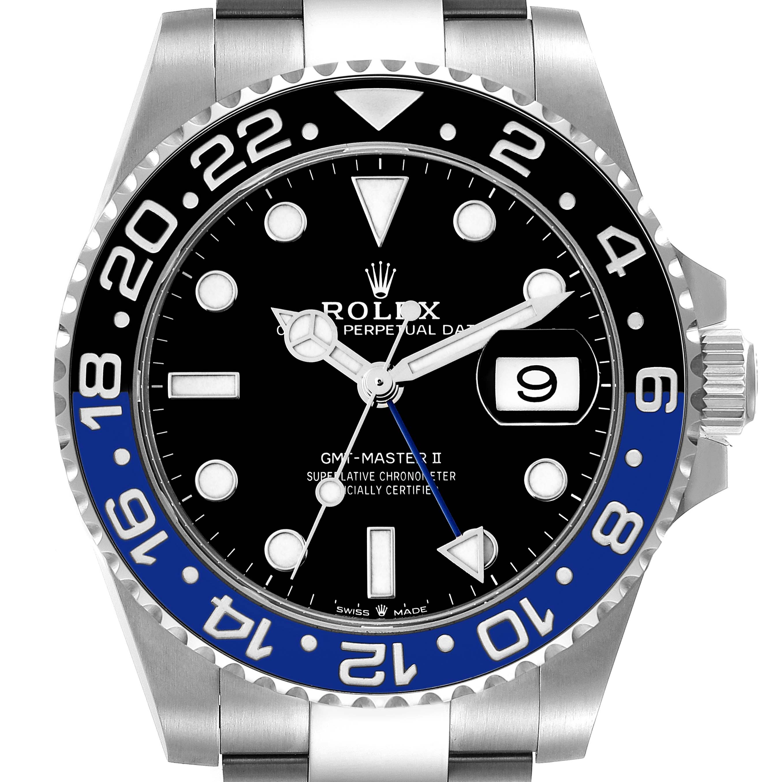 This image shows a frontal view of the Rolex GMT-Master 126710 Men's Stainless Steel Black Dial 126710 Men's Stainless Steel Black Dial II watch, highlighting the dial, bezel, hands, and crown.