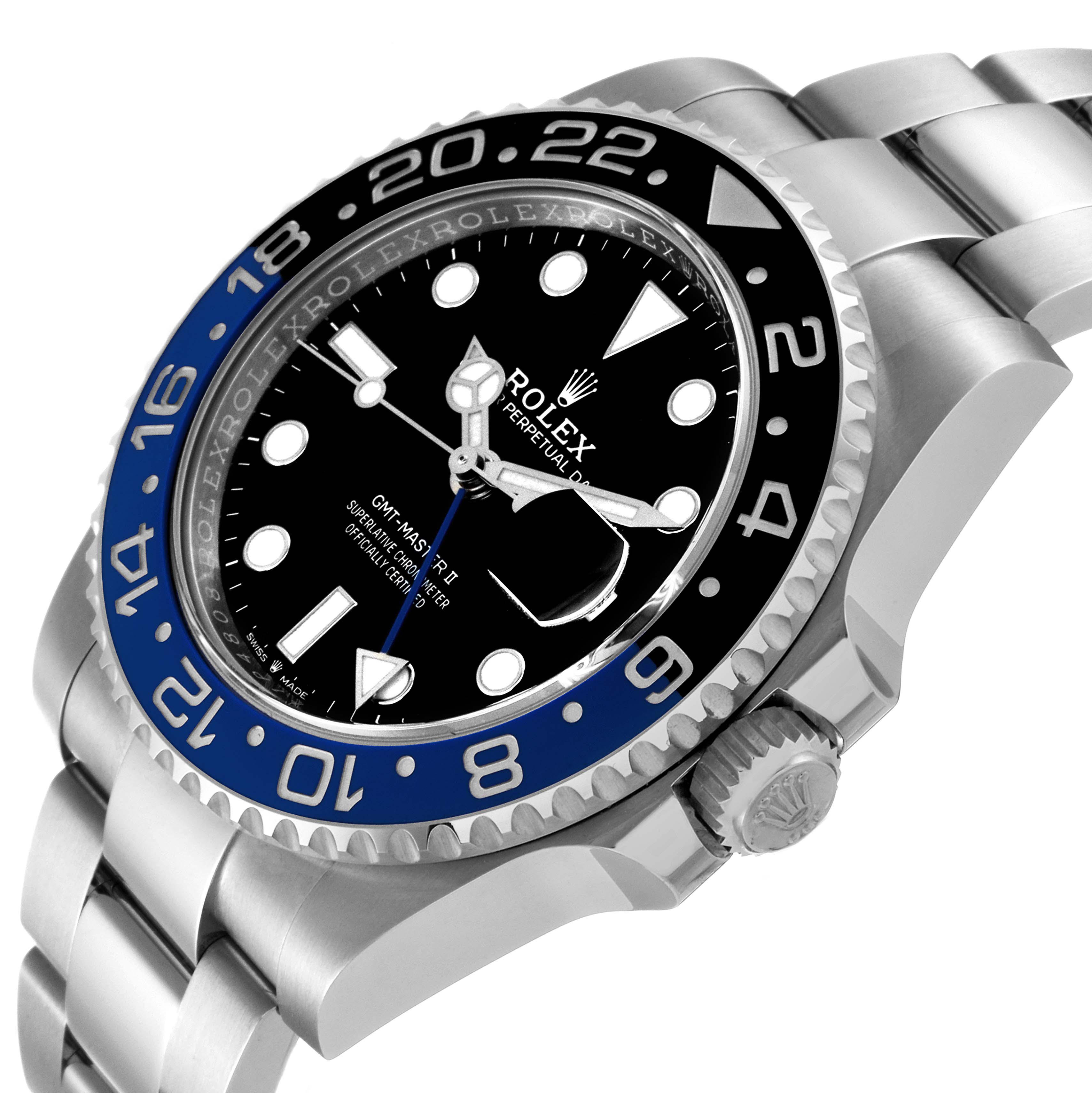 The image shows a side angle of a Rolex GMT-Master 126710 Men's Stainless Steel Black Dial 126710 Men's Stainless Steel Black Dial II watch, displaying the bezel, dial, and part of the bracelet.