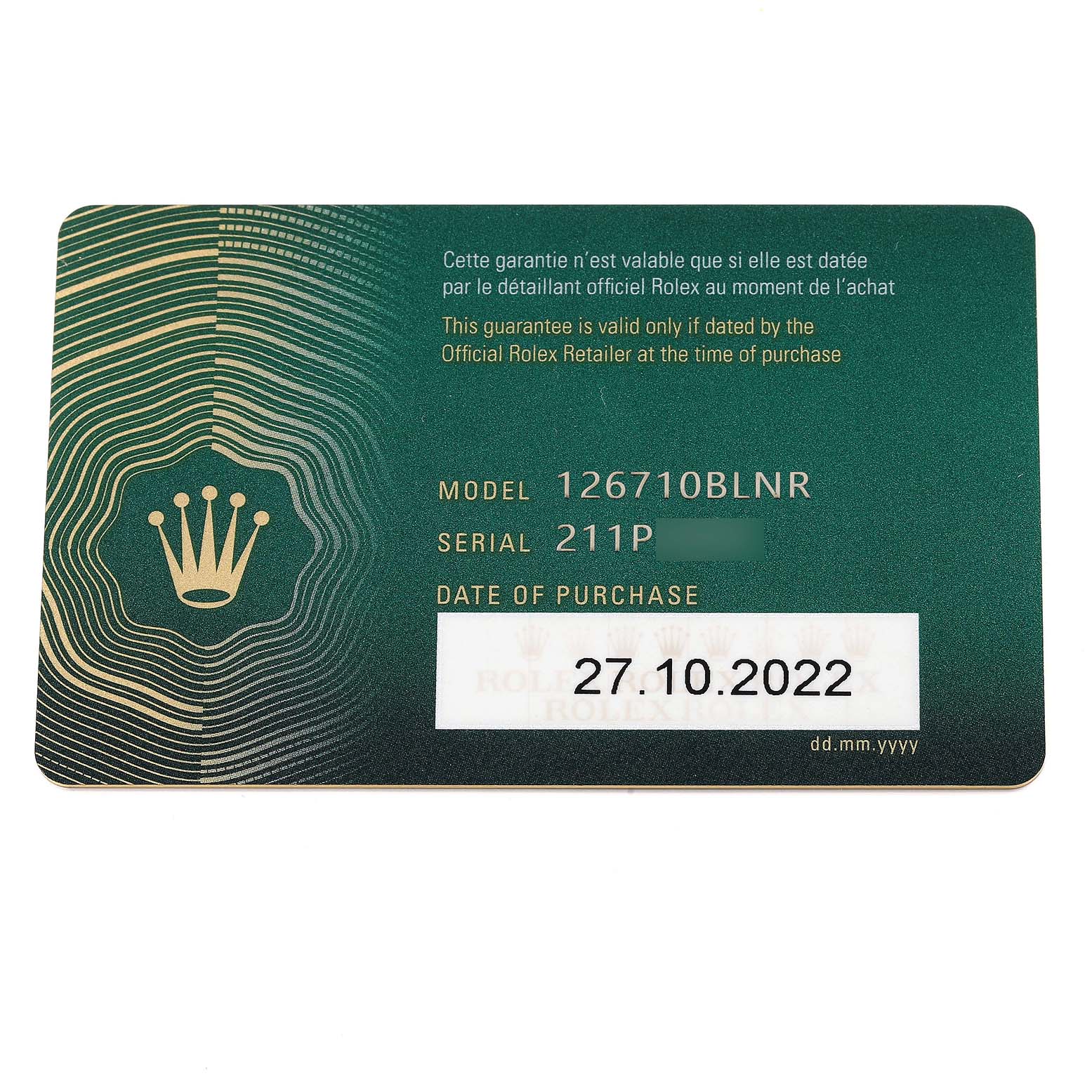 This is a Rolex GMT-Master 126710 Men's Stainless Steel Black Dial 126710 Men's Stainless Steel Black Dial model 126710BLNR warranty card showing the purchase date and serial number.