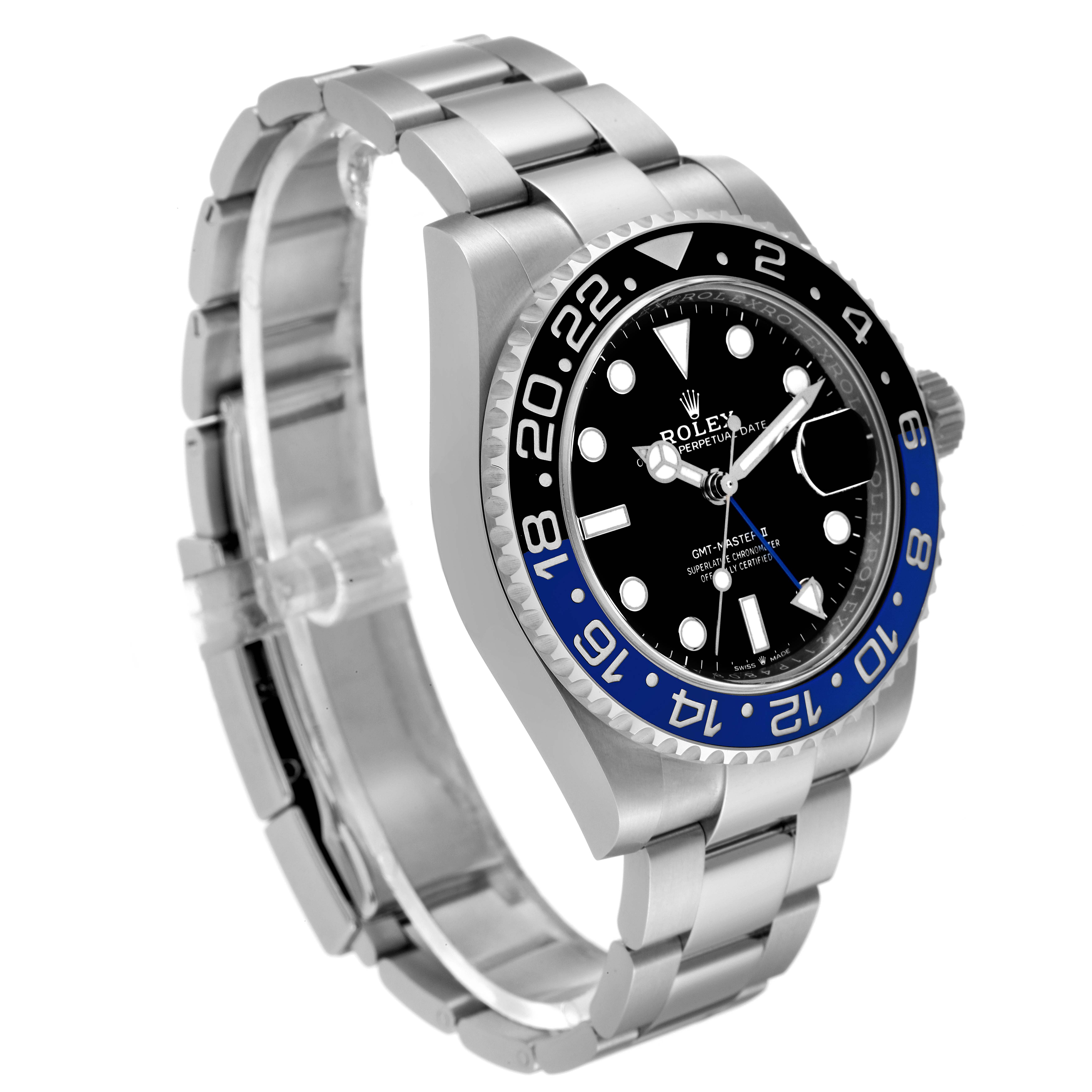 This image shows a Rolex GMT-Master 126710 Men's Stainless Steel Black Dial 126710 Men's Stainless Steel Black Dial watch captured at an oblique angle, highlighting the face, bezel, and bracelet.
