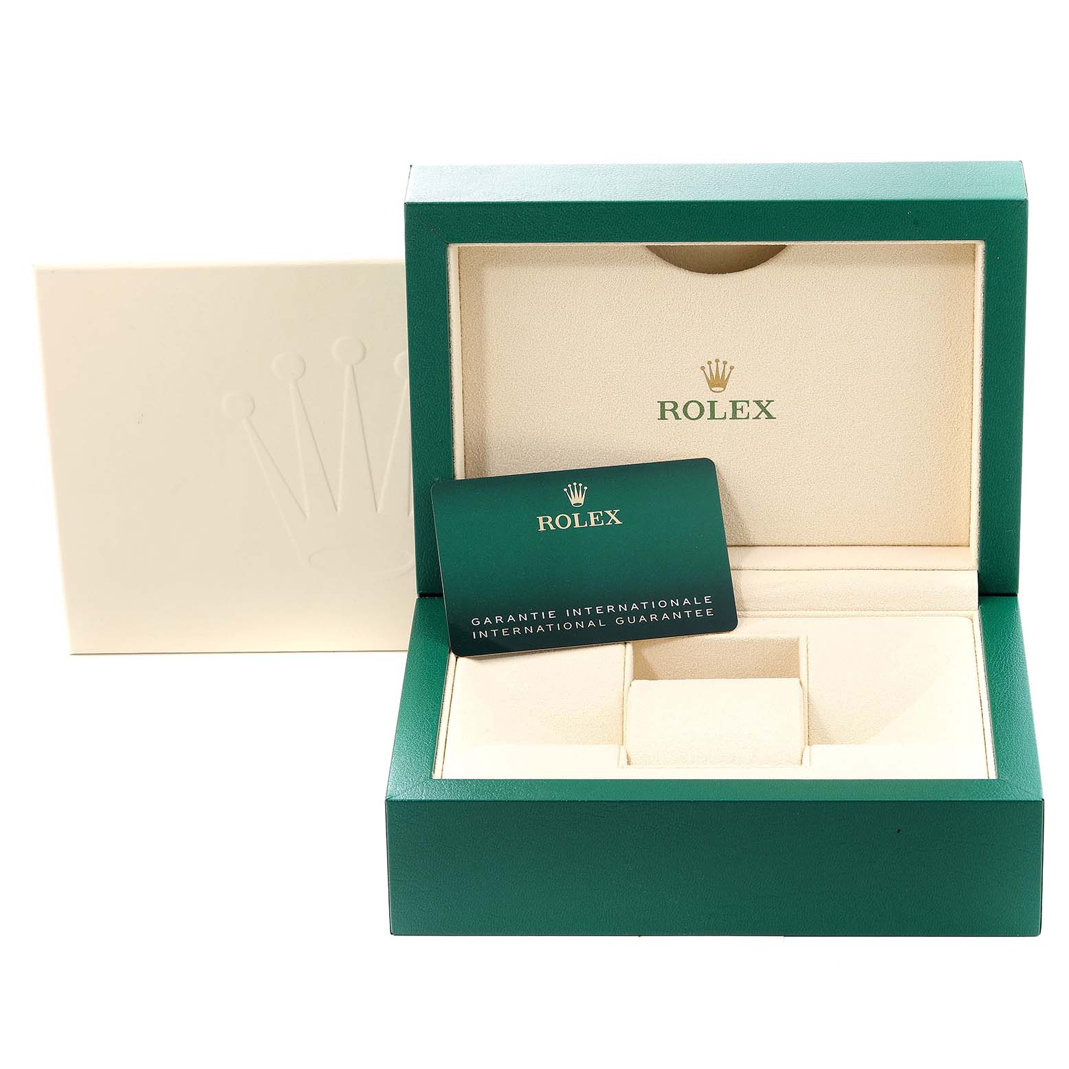 The image shows the open box and an international guarantee card for the Rolex GMT-Master 126710 Men's Stainless Steel Black Dial 126710 Men's Stainless Steel Black Dial watch.