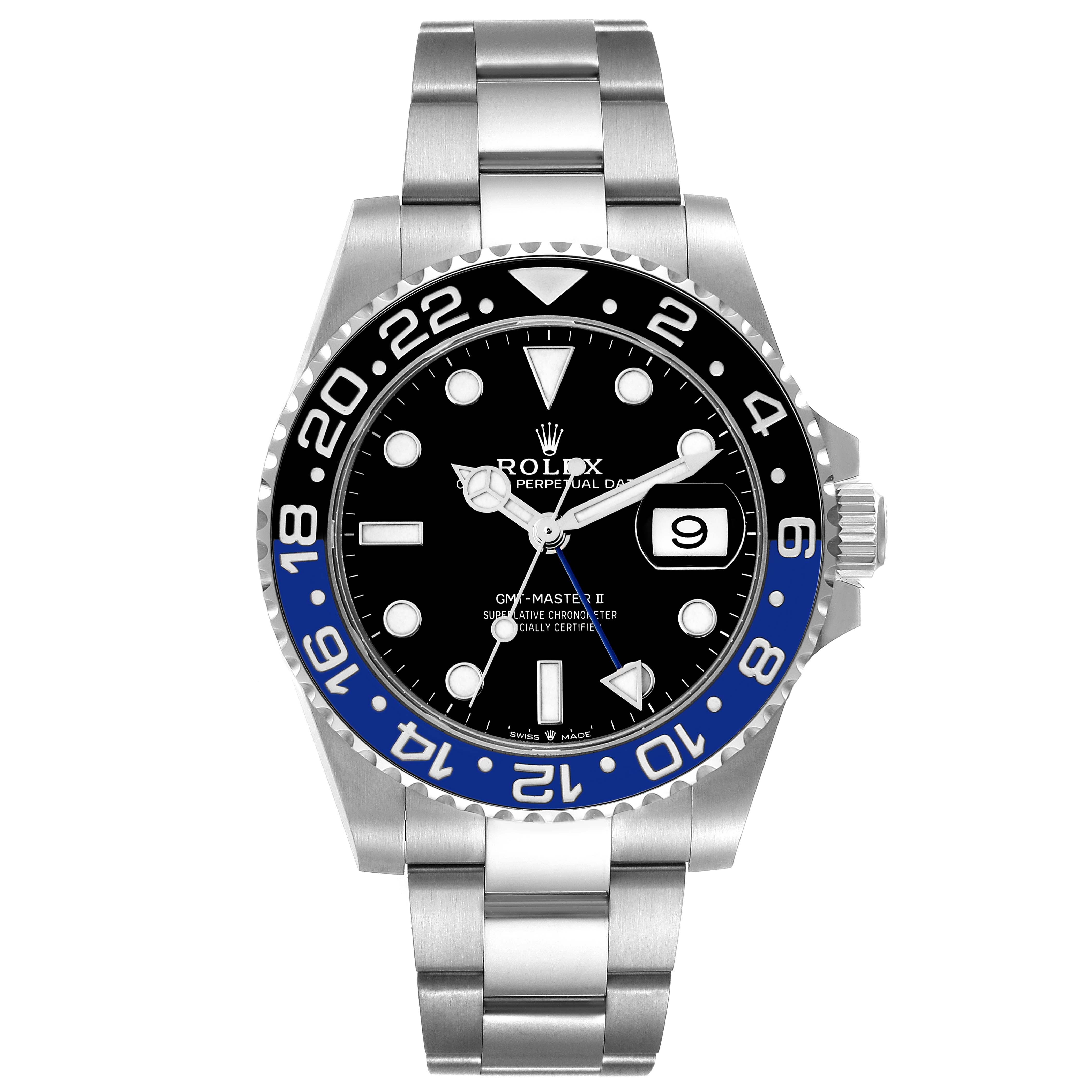 This image shows a front view of the Rolex GMT-Master 126710 Men's Stainless Steel Black Dial 126710 Men's Stainless Steel Black Dial II watch, highlighting the bezel, face, and bracelet.