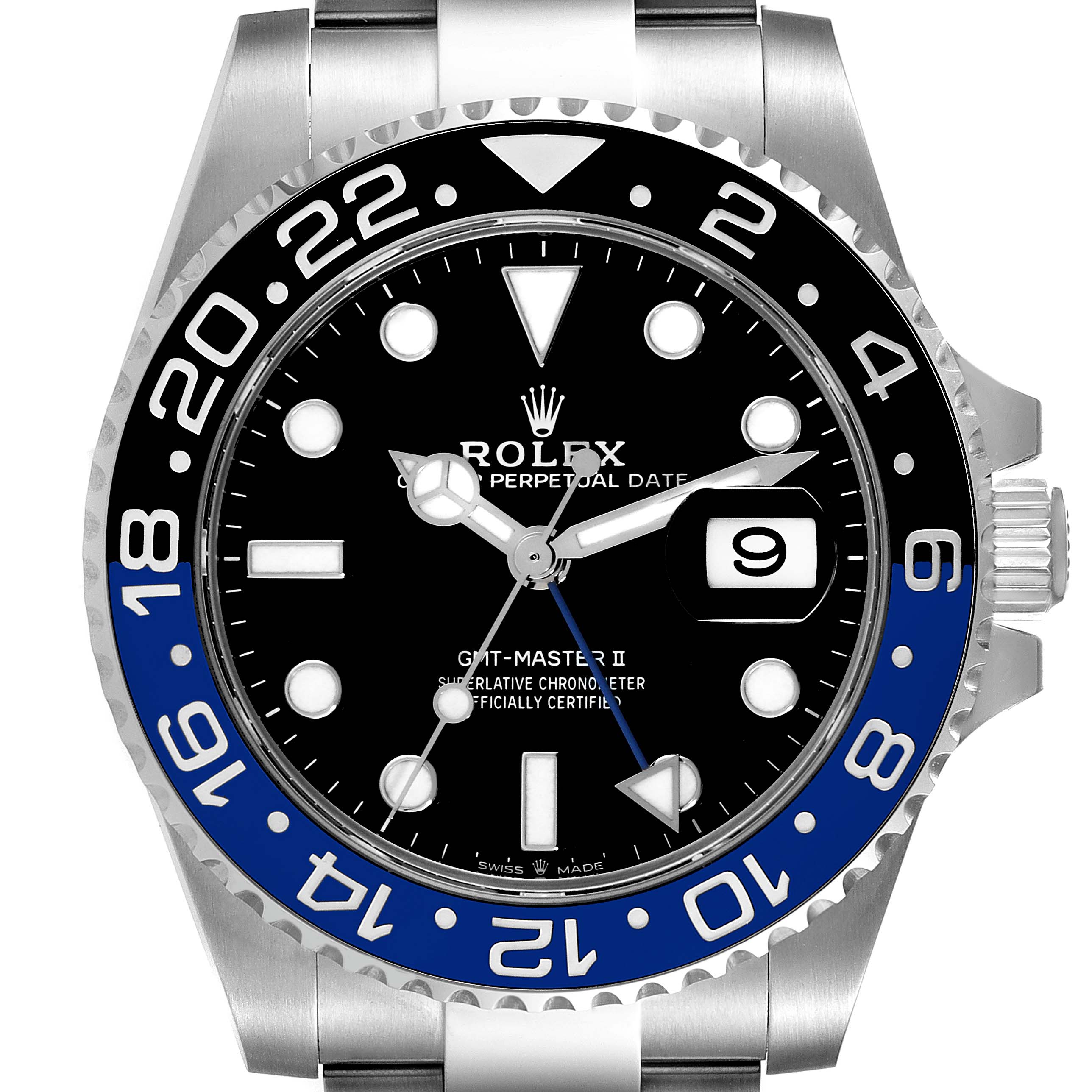 The Rolex GMT-Master 126710 Men's Stainless Steel Black Dial 126710 Men's Stainless Steel Black Dial II watch is shown from a front angle, displaying the face, bezel, and part of the bracelet.