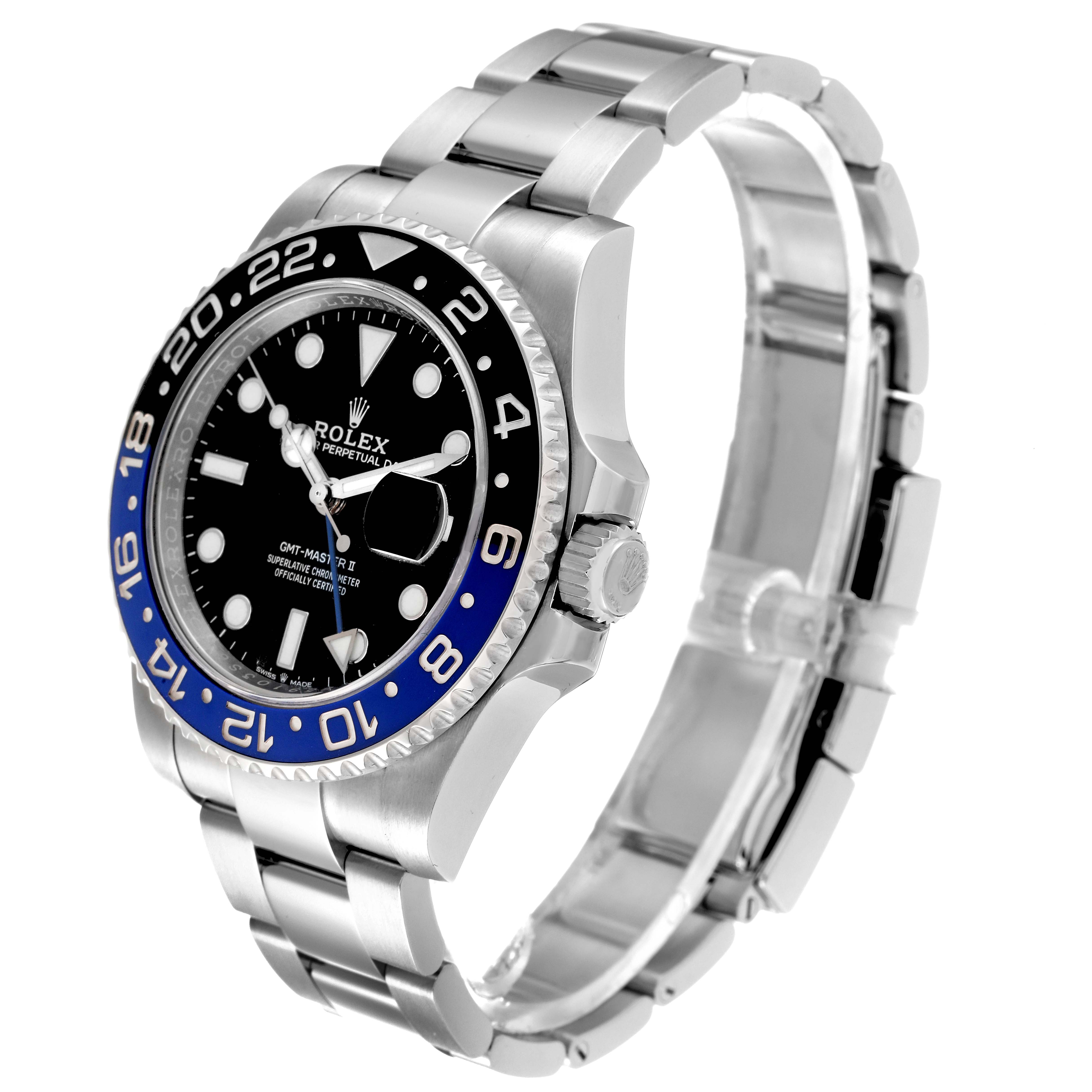The Rolex GMT-Master 126710 Men's Stainless Steel Black Dial 126710 Men's Stainless Steel Black Dial watch is shown at a three-quarter angle displaying the face, bezel, crown, and bracelet.