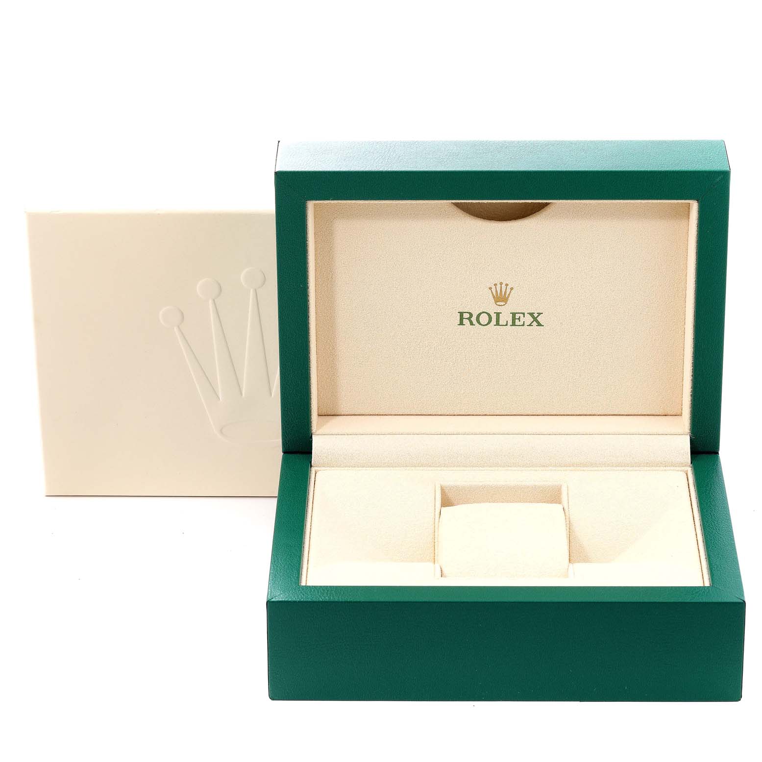 This image shows an empty green and beige Rolex GMT-Master 126710 Men's Stainless Steel Black Dial 126710 Men's Stainless Steel Black Dial watch box, open with the outer box behind it.