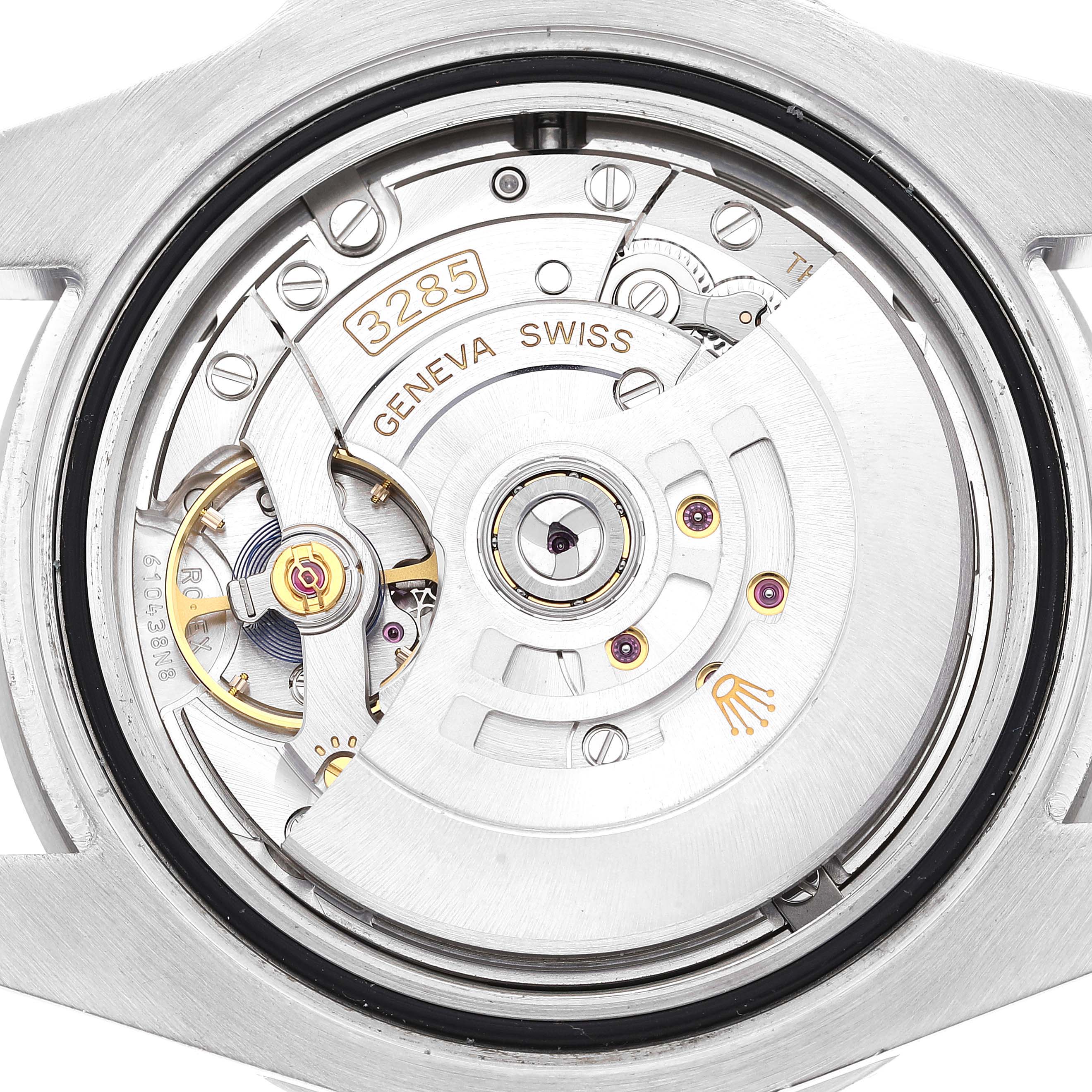 This image shows the back view of a Rolex GMT-Master 126710 Men's Stainless Steel Black Dial 126710 Men's Stainless Steel Black Dial watch, highlighting its internal mechanical movement components.