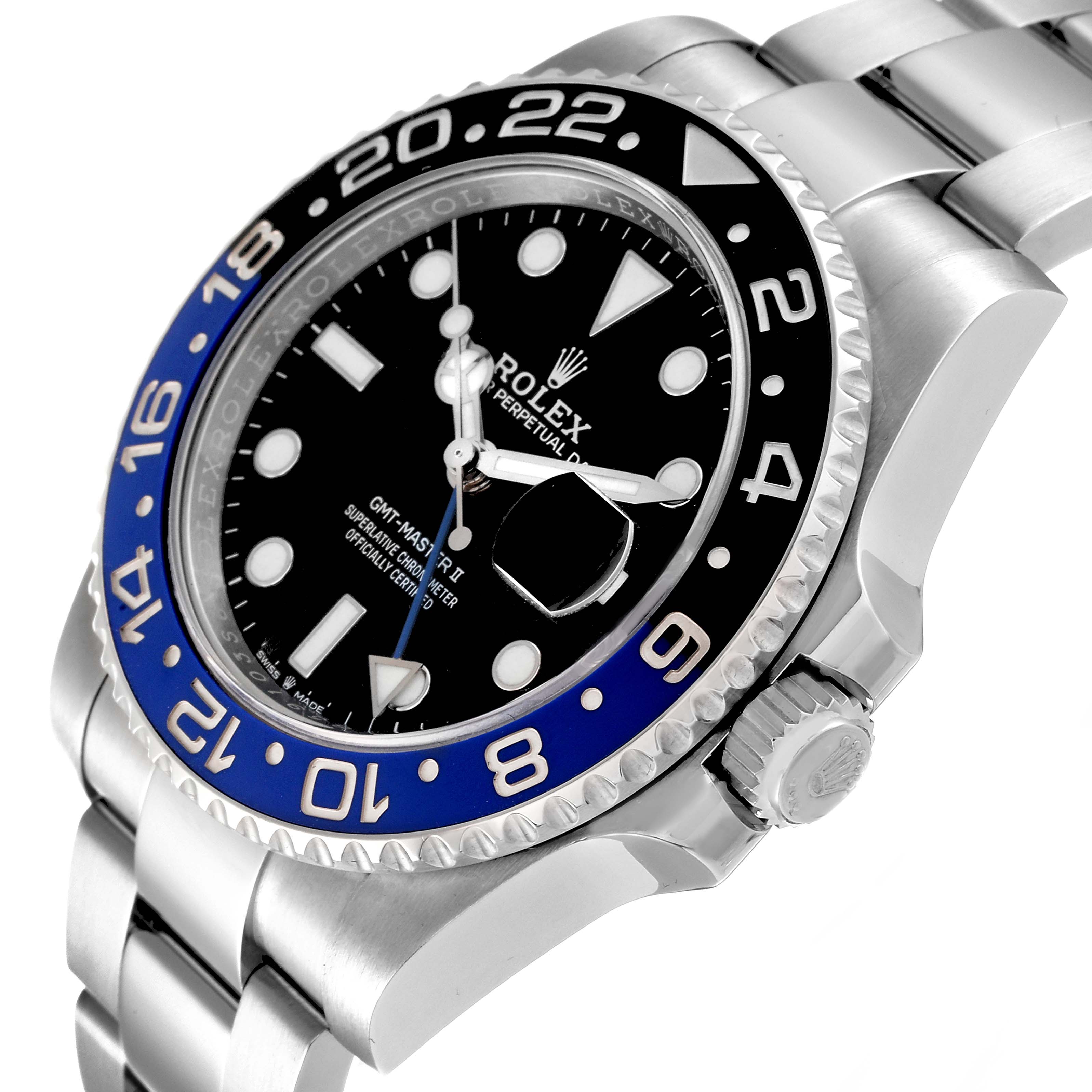 This image shows a Rolex GMT-Master 126710 Men's Stainless Steel Black Dial 126710 Men's Stainless Steel Black Dial watch at a three-quarter angle, highlighting the bezel, dial, and bracelet.