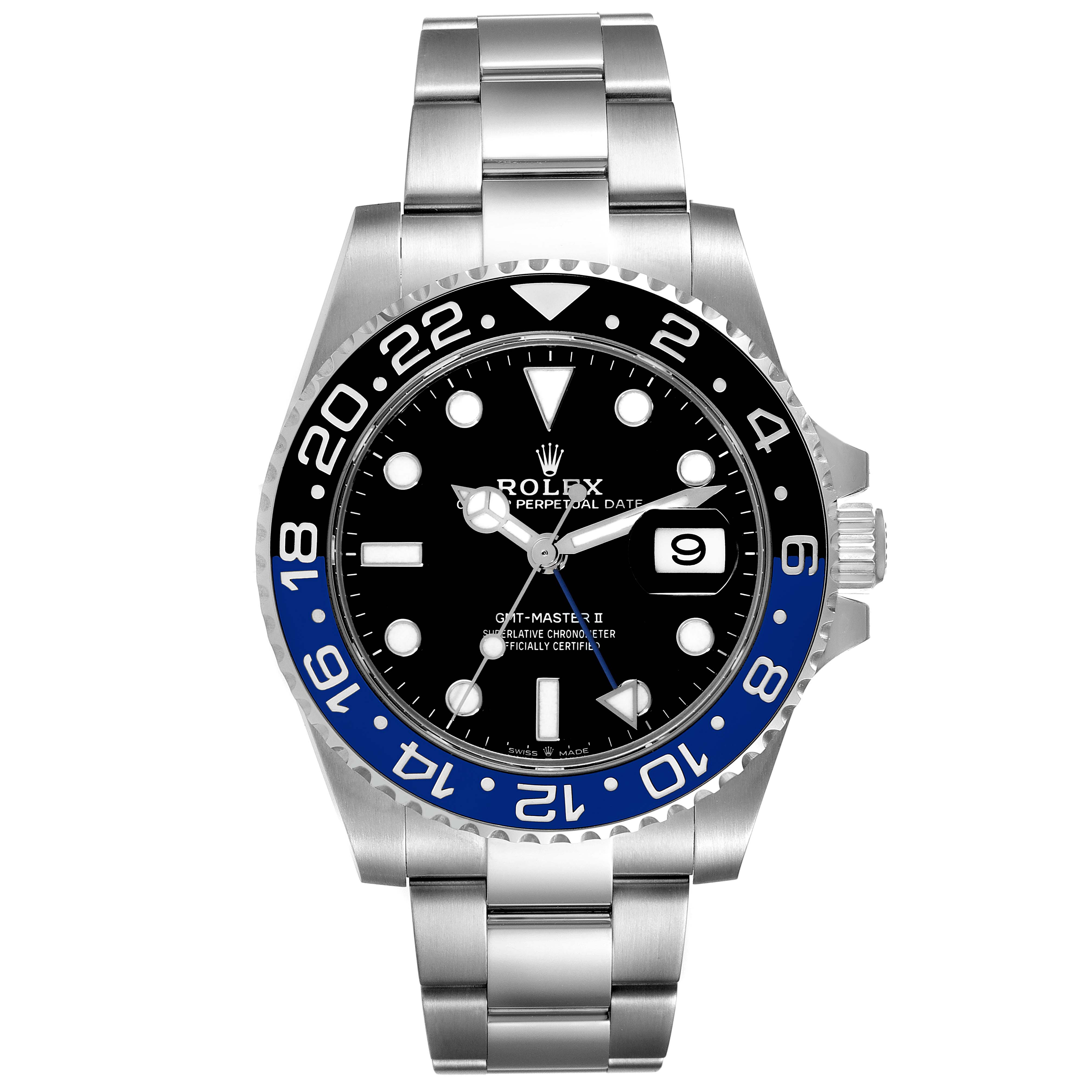 The image shows a front view of a Rolex GMT-Master 126710 Men's Stainless Steel Black Dial 126710 Men's Stainless Steel Black Dial II watch, highlighting its bezel, dial, hands, and bracelet.