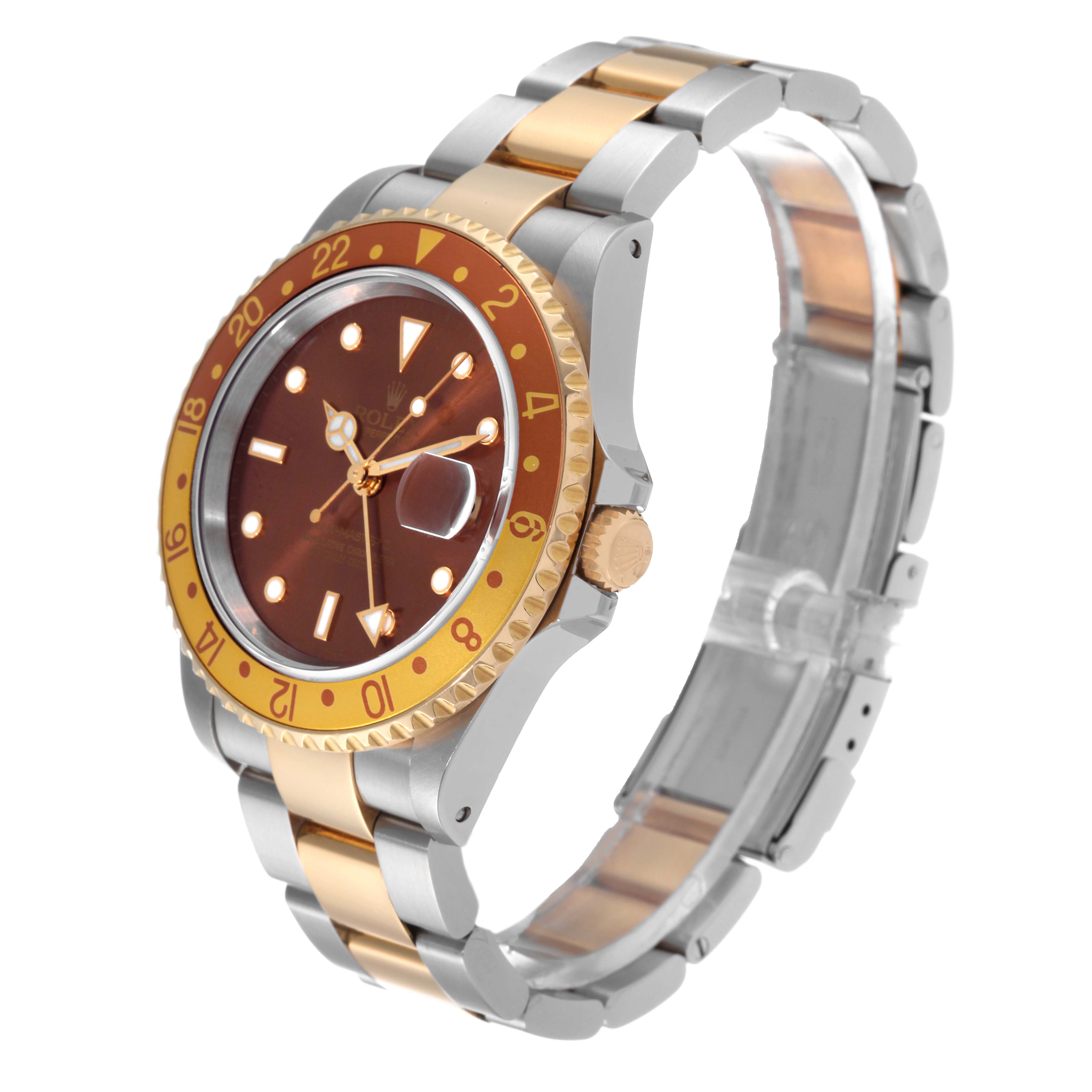 The image shows a side angle of a Rolex GMT-Master 16713 Men's Steel and Gold (two tone) Brown Dial 16713 Men's Steel and Gold (two tone) Brown Dial watch, highlighting the bezel, dial, crown, and two-tone bracelet.