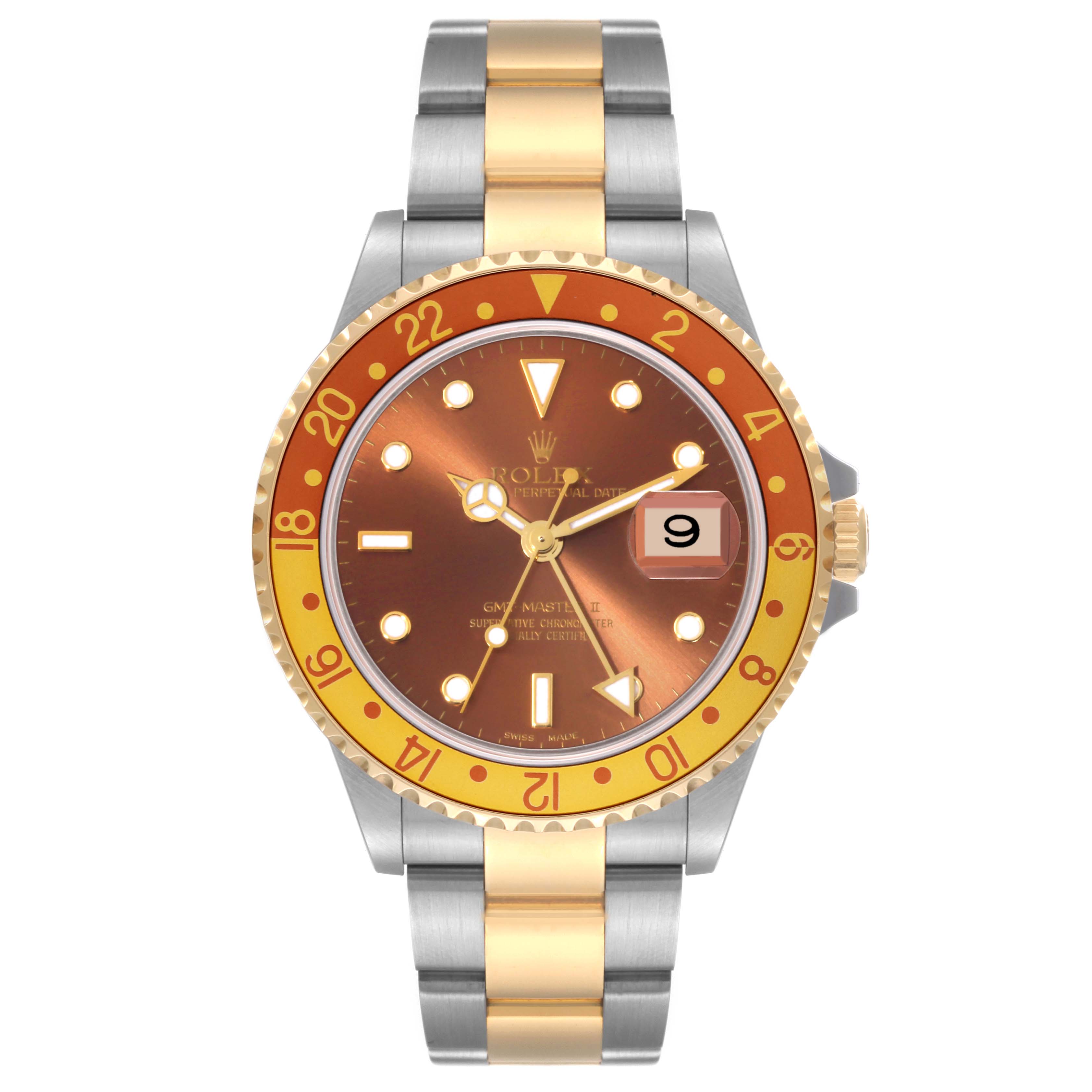 This image shows a front view of the Rolex GMT-Master 16713 Men's Steel and Gold (two tone) Brown Dial 16713 Men's Steel and Gold (two tone) Brown Dial watch, highlighting its dial, bezel, and bracelet.