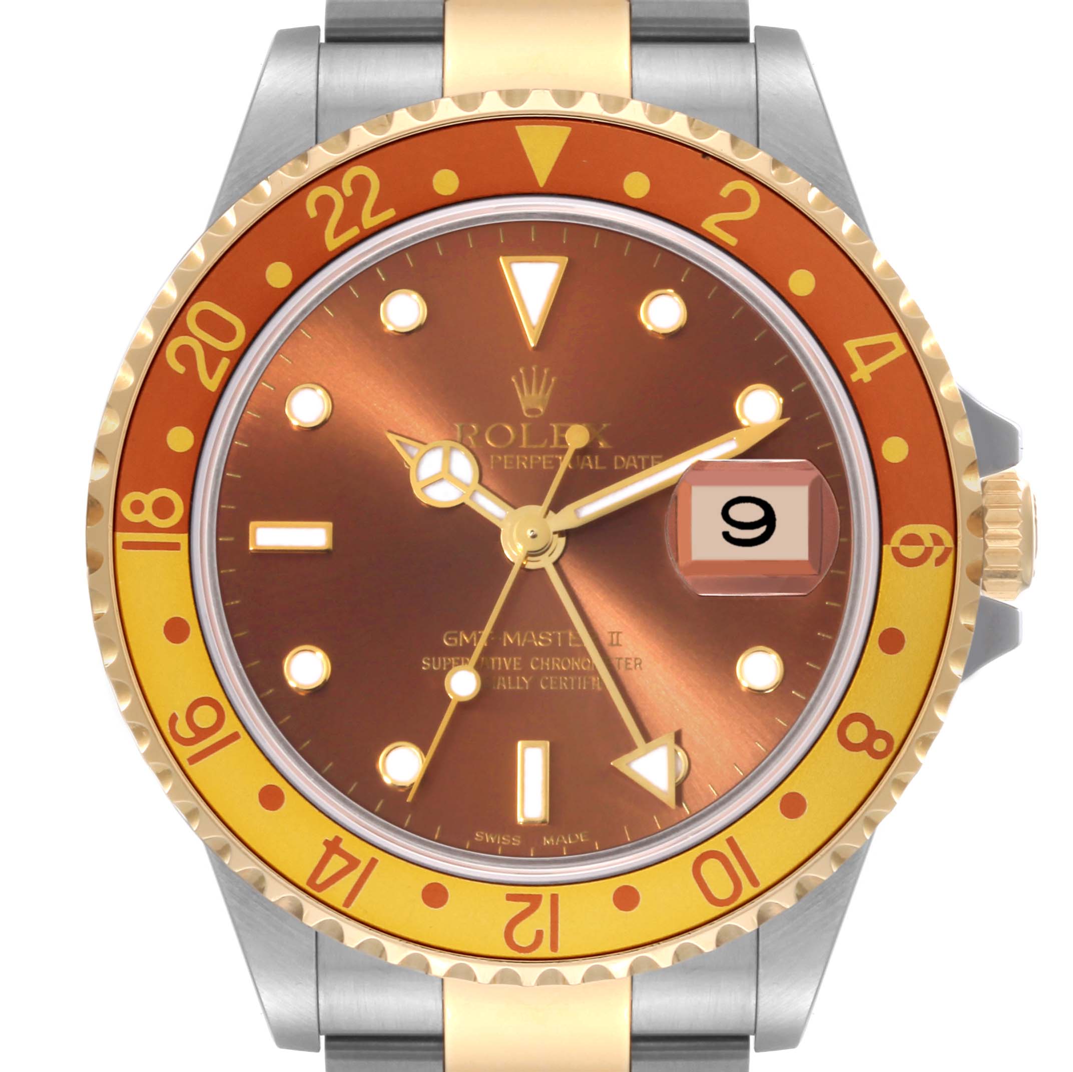 The Rolex GMT-Master 16713 Men's Steel and Gold (two tone) Brown Dial 16713 Men's Steel and Gold (two tone) Brown Dial watch is shown from the front, displaying the dial, bezel, hands, and part of the bracelet.